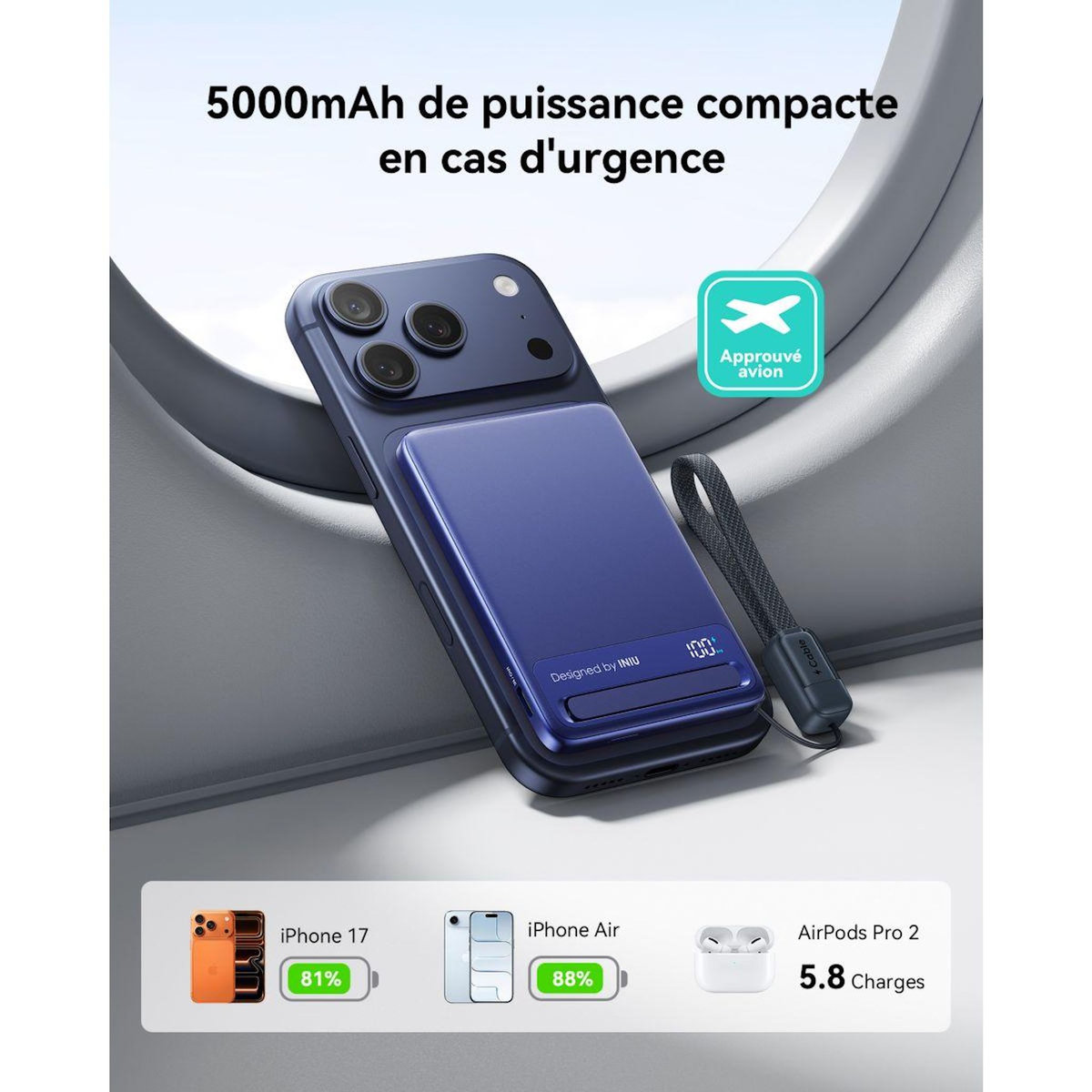 INIU Batterie nomade 5000 mAh magnet Qi2 MagPro slim bleu
