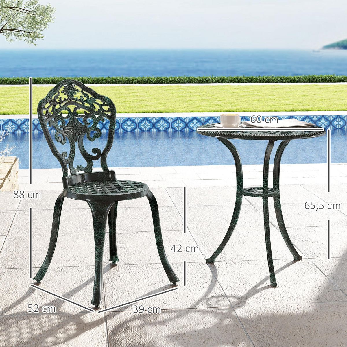 OUTSUNNY Ensemble bistrot de jardin 2 personnes 3 pièces aluminium aspect fer forgé noir vieilli vert