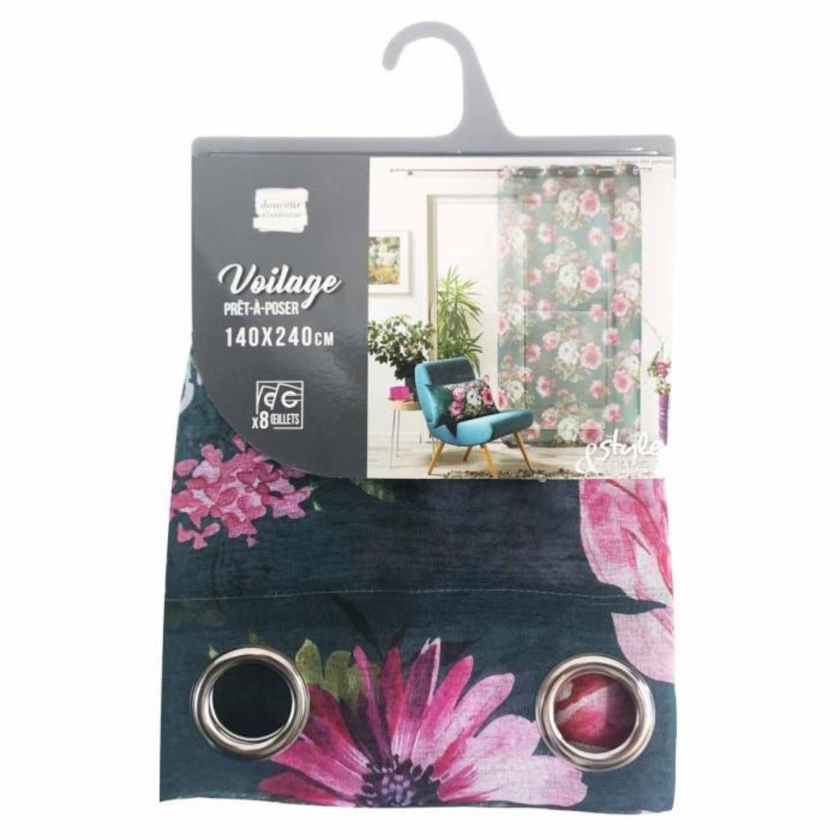 Paris Prix Rideau Voilage à Œillets  Flower Life  140x240cm Pétrole