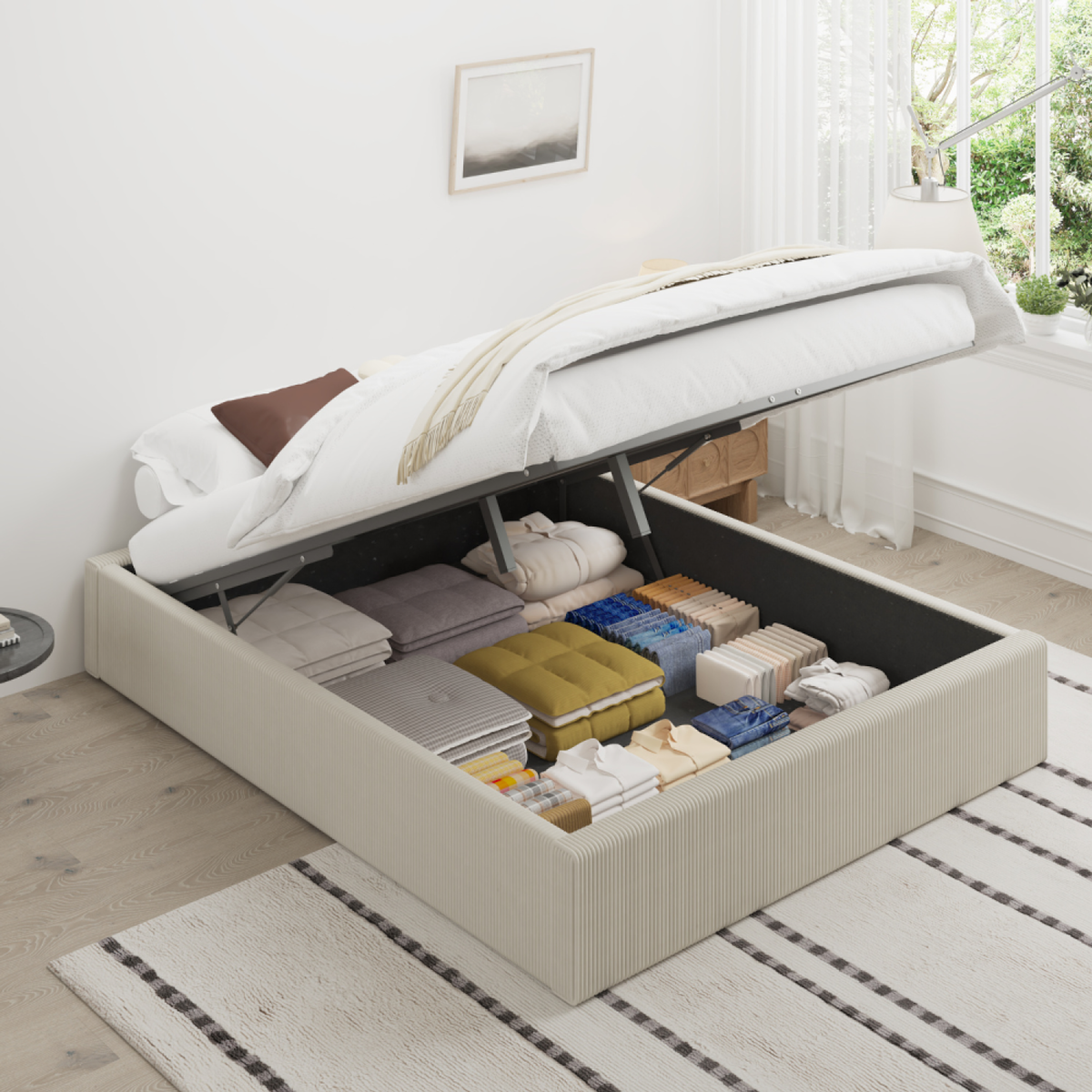 CONCEPT USINE Lit avec coffre de rangement 140x190cm velours côtelé beige AUSTIN