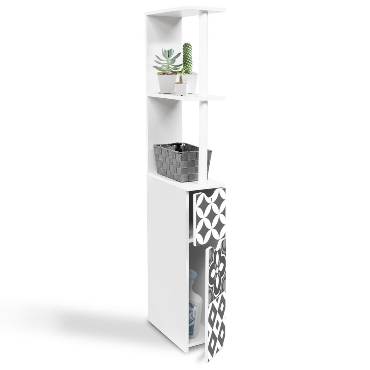 ID MARKET Meuble WC étagère bois WILLY 2 portes blanc et motif carreaux de ciment gris