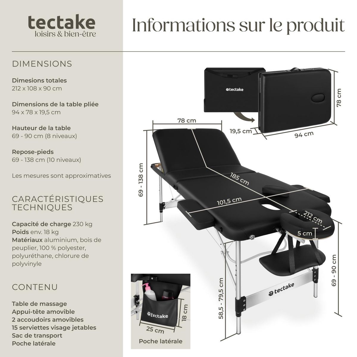 tectake Table 3 zones de massage largeur 78 cm et rembourrage 5 cm noir