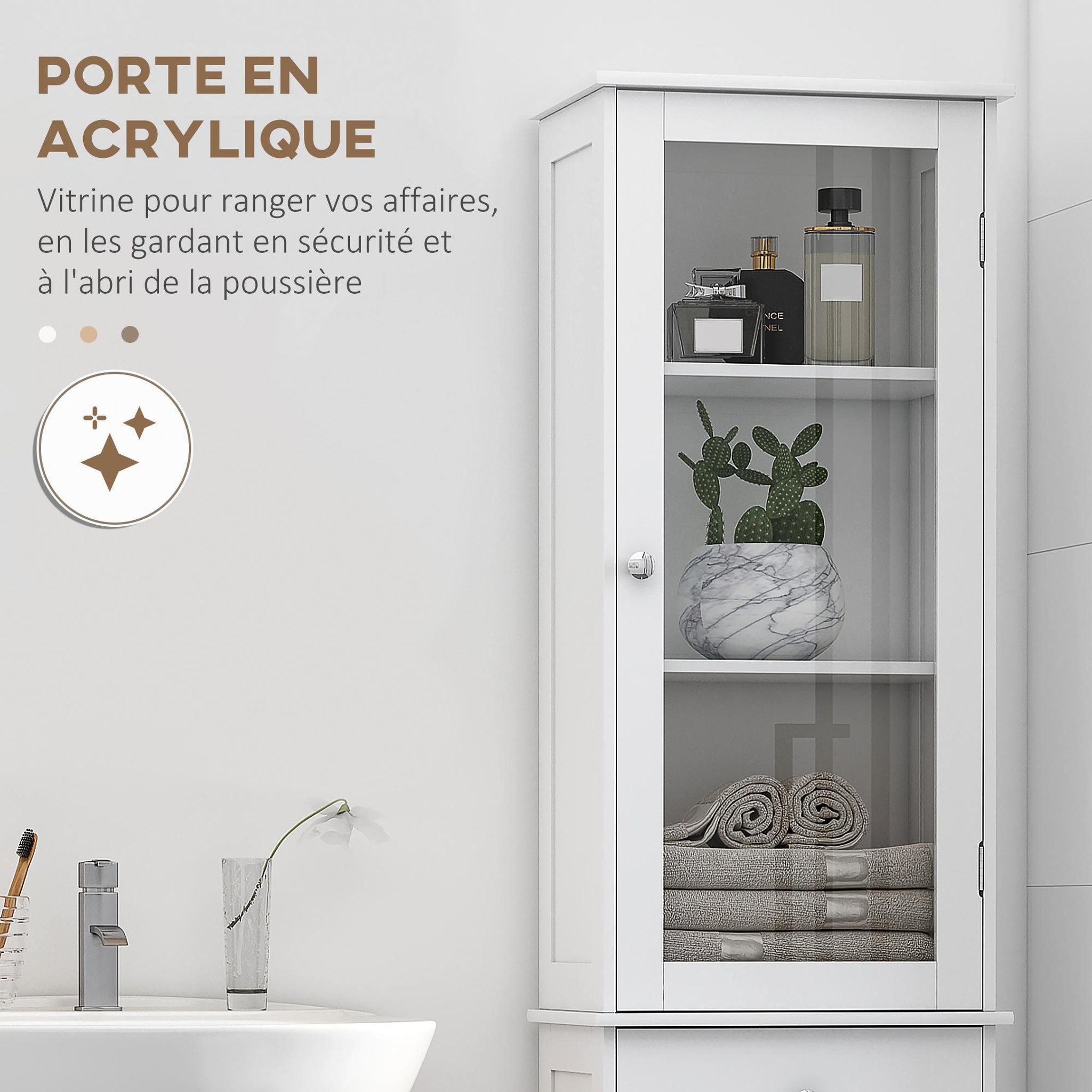 Voir la diapositive 6 : KLEANKIN Meuble colonne de salle de bain placard porte acrylique 2 étagères placard porte 1 étagère tiroir MDF blanc
