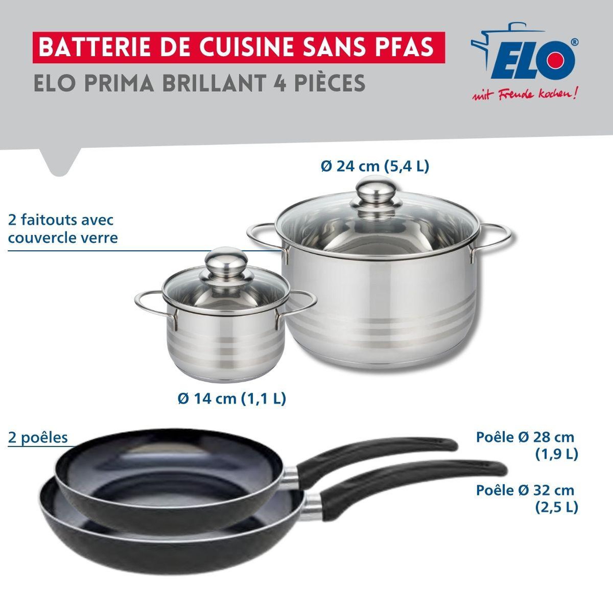 Voir la diapositive 2 : ELO Ensemble de 2 poêles de cuisson 28 et 32 cm et 2 faitouts 14 et 24 cm elo prima brillant