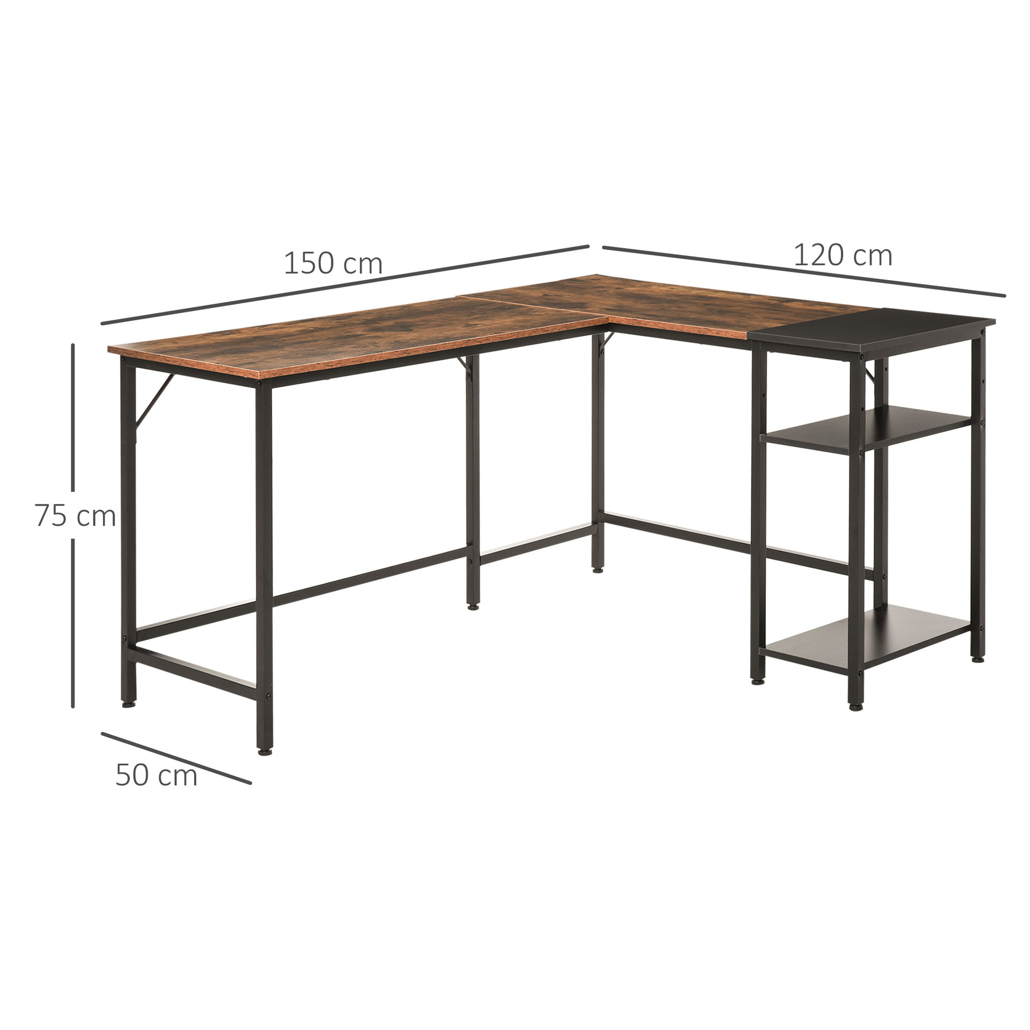 Voir la diapositive 3 : HOMCOM Bureau informatique design industriel bureau d'angle 2 tablettes support CPU imprimante aspect vieux bois métal noir