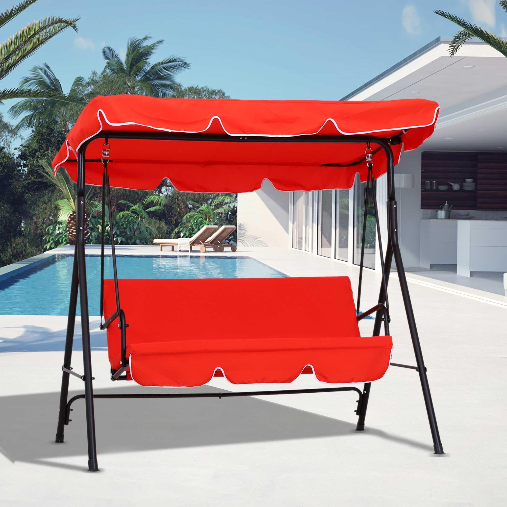 Voir la diapositive 2 : OUTSUNNY Balancelle de jardin 3 places toit inclinaison réglable coussins assise et dossier 1,72L x 1,1l x 1,52H m acier noir polyester rouge