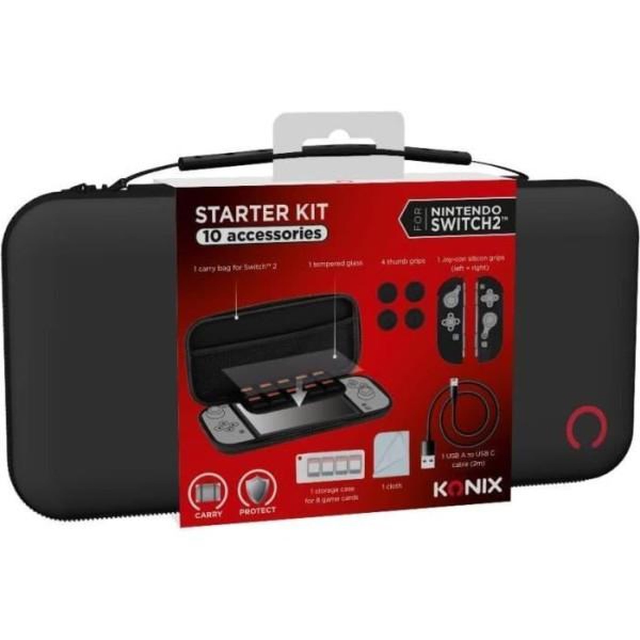 Konix Pack d'accessoires gaming - KONIX - Nintendo Switch 2 - Housse - 4 appuie-pouces - Verre trempé - Boîtier 9 jeux - Écouteurs