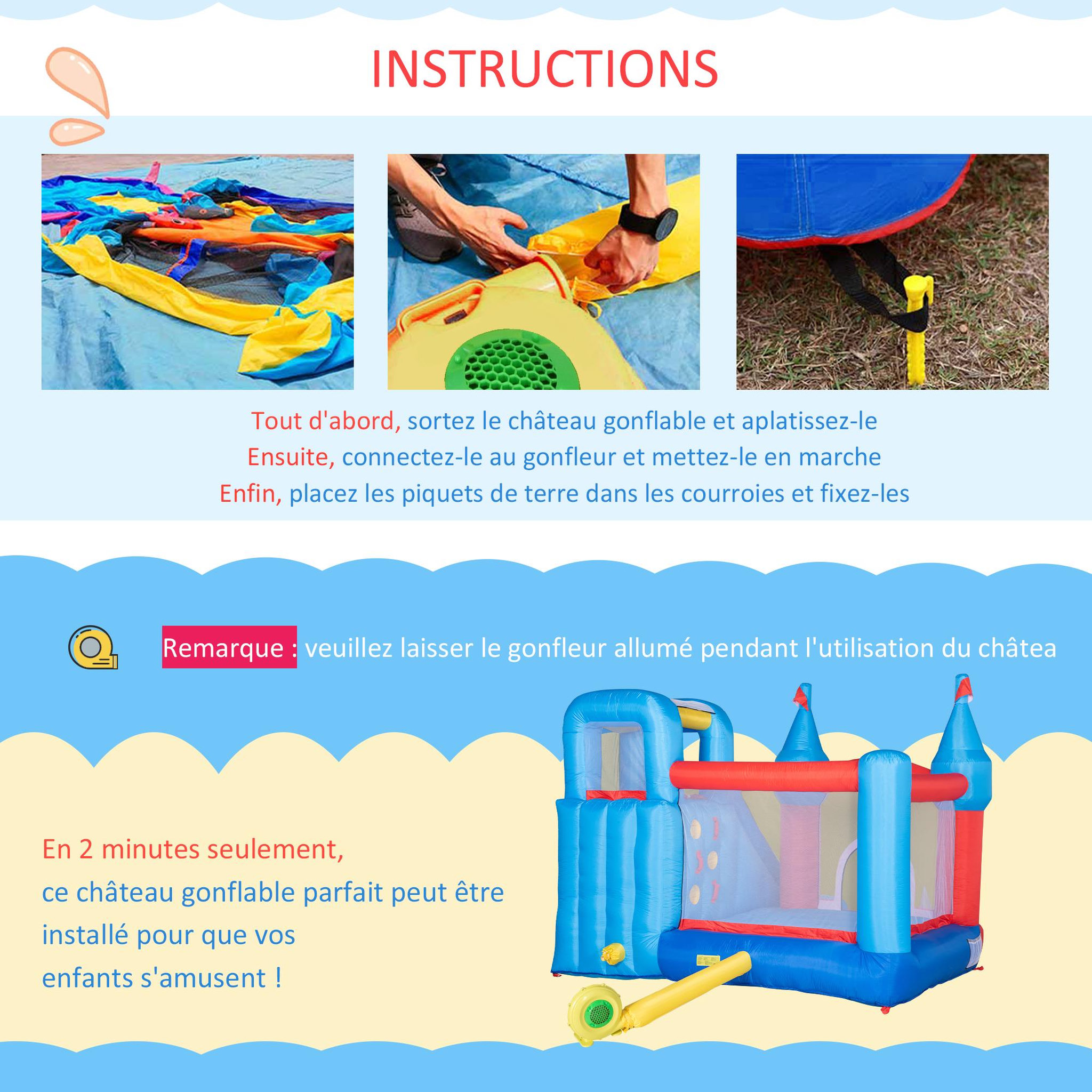 Voir la diapositive 6 : OUTSUNNY Château gonflable enfant - toboggan, trampoline, piscine, mur d'escalade - gonfleur, sac de transport inclus - dim. 3,33L x 2,8l x 2,1H m - polyester rouge bleu