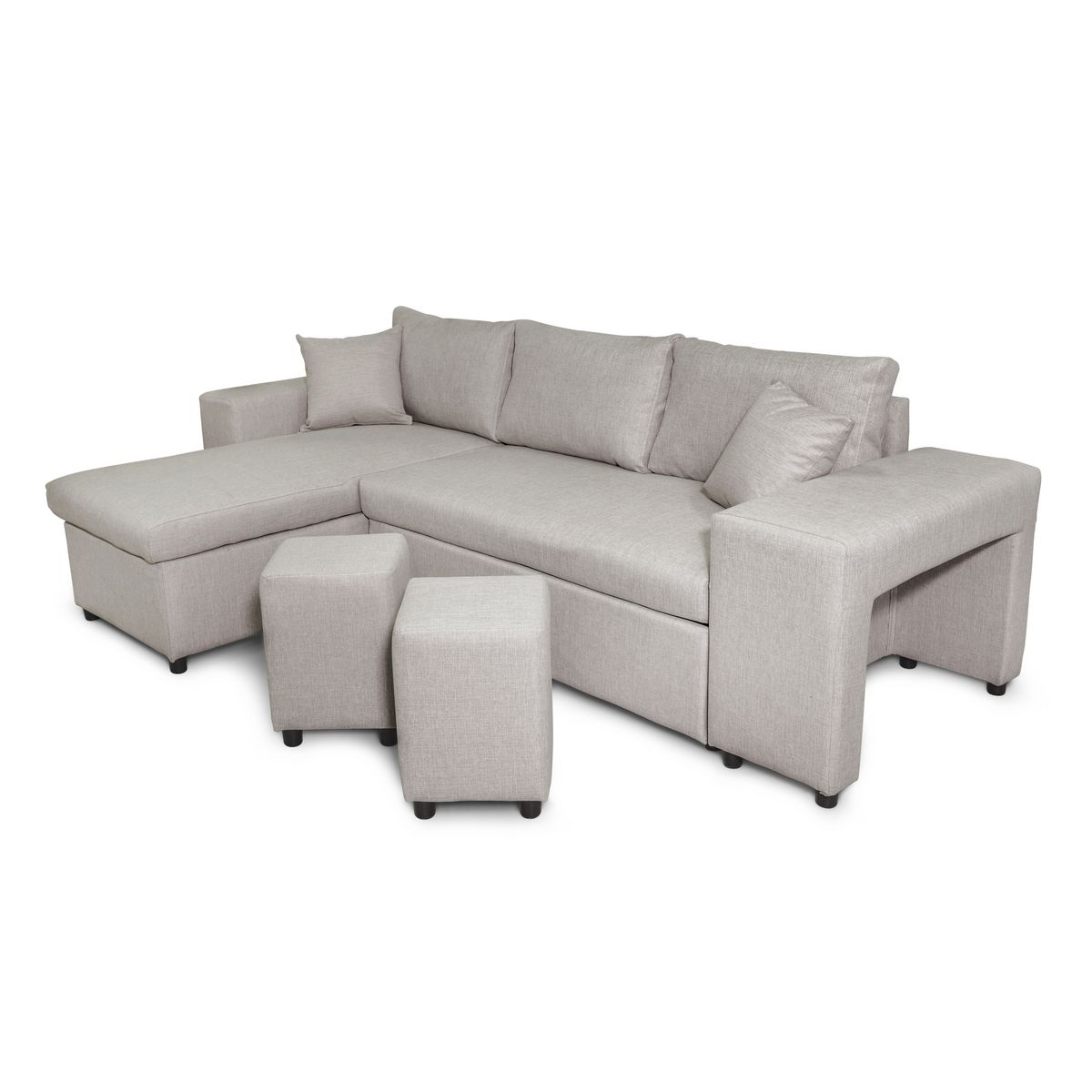 Canapé d'angle convertible avec coffre 3 places + 2 poufs à droite et étagère à gauche MACHA