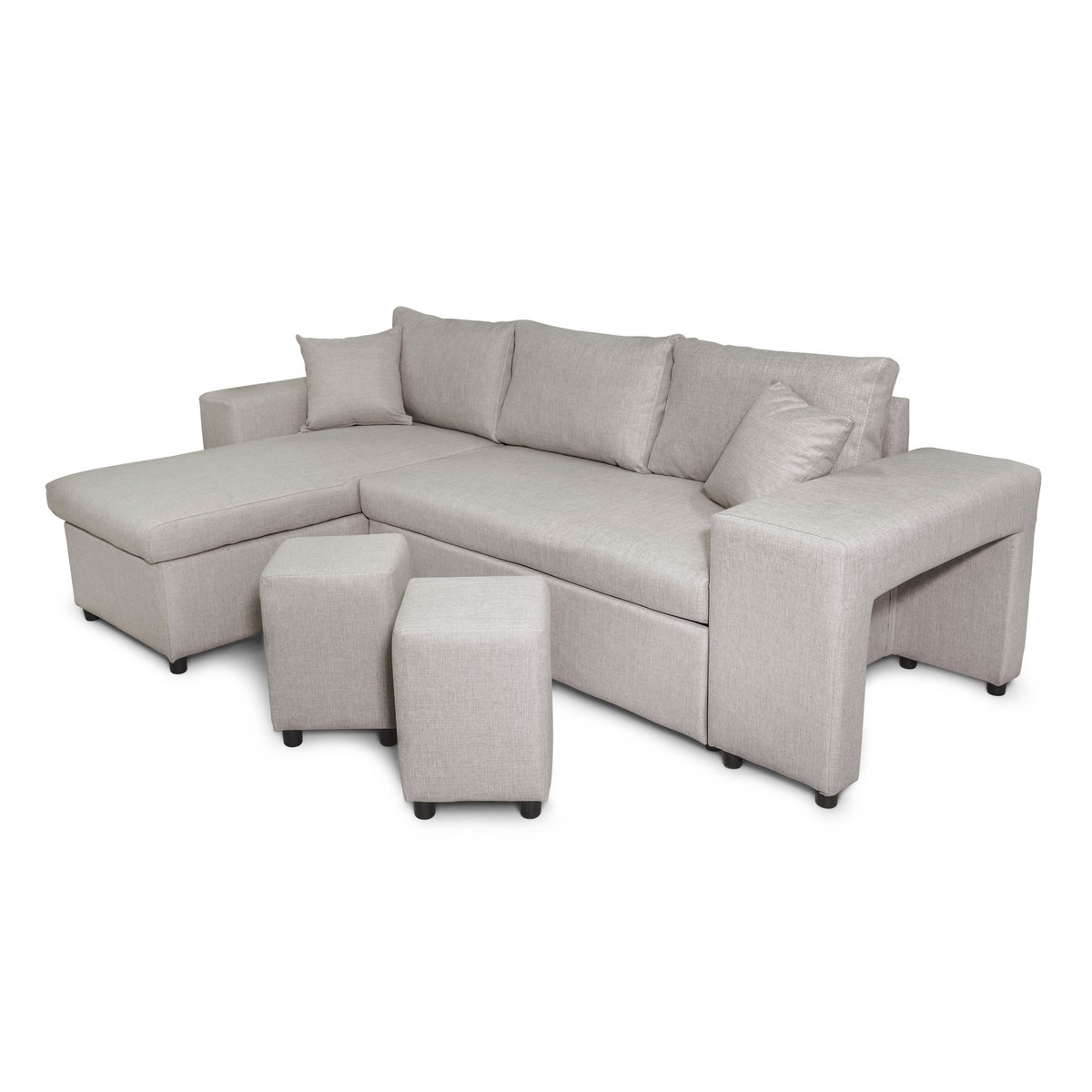 Canapé d'angle convertible avec coffre 3 places + 2 poufs à droite et étagère à gauche MACHA