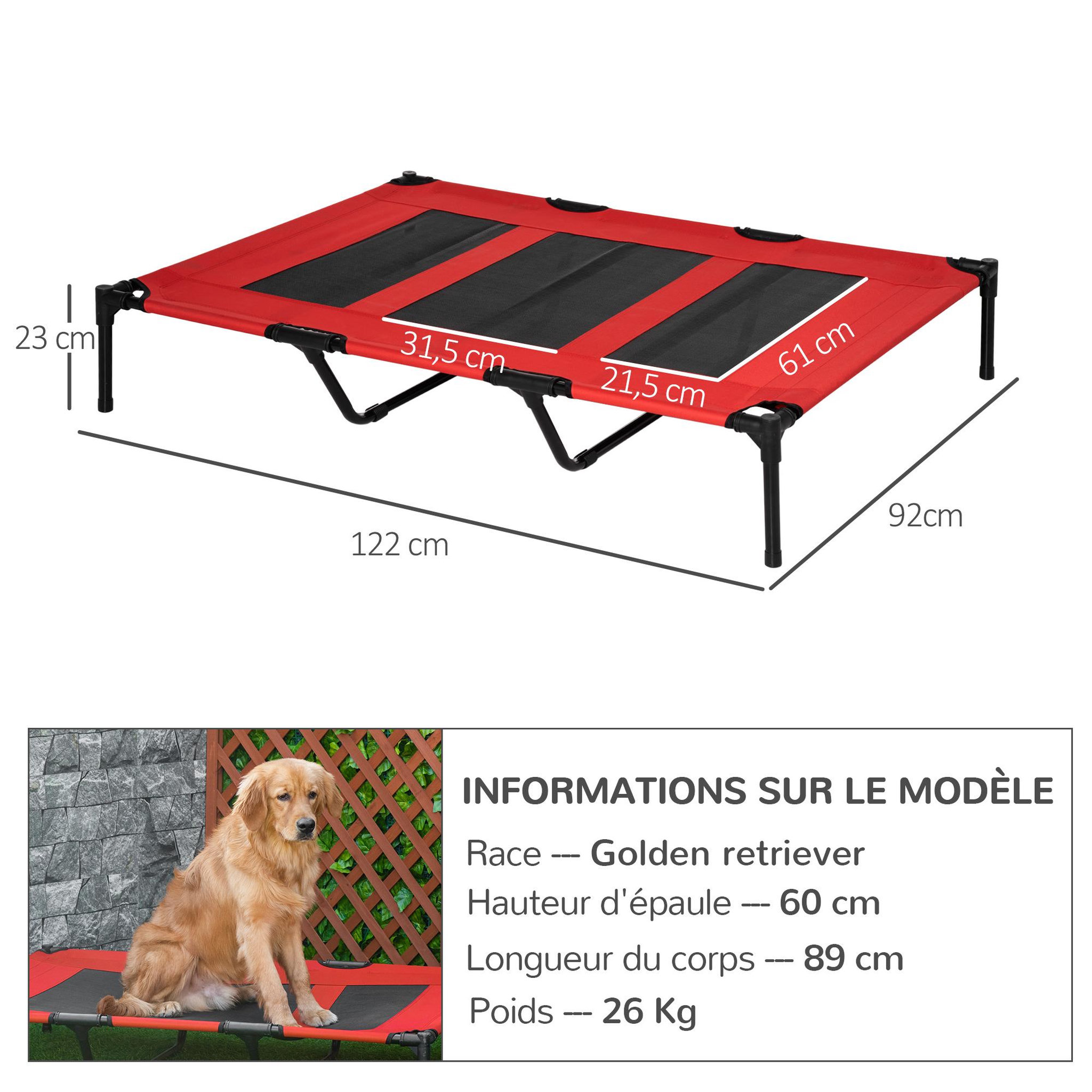 Voir la diapositive 3 : PAWHUT Lit sur pieds xxl pour chien chat lit de camp animal lit surélevé oxford textilène micro-perforé dim. 122l x 92l x 23h cm rouge