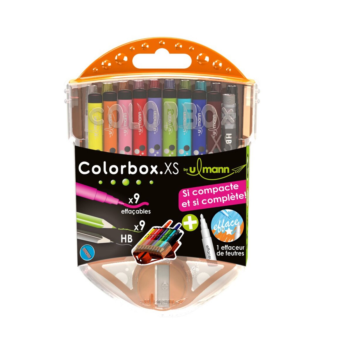 ULMANN  Coffret de coloriage 9 feutres lavables + 9 crayons de couleurs + 1 crayon graphite HB + 1 effaceur de feutres + 1 taille crayon Colorbox XS orange