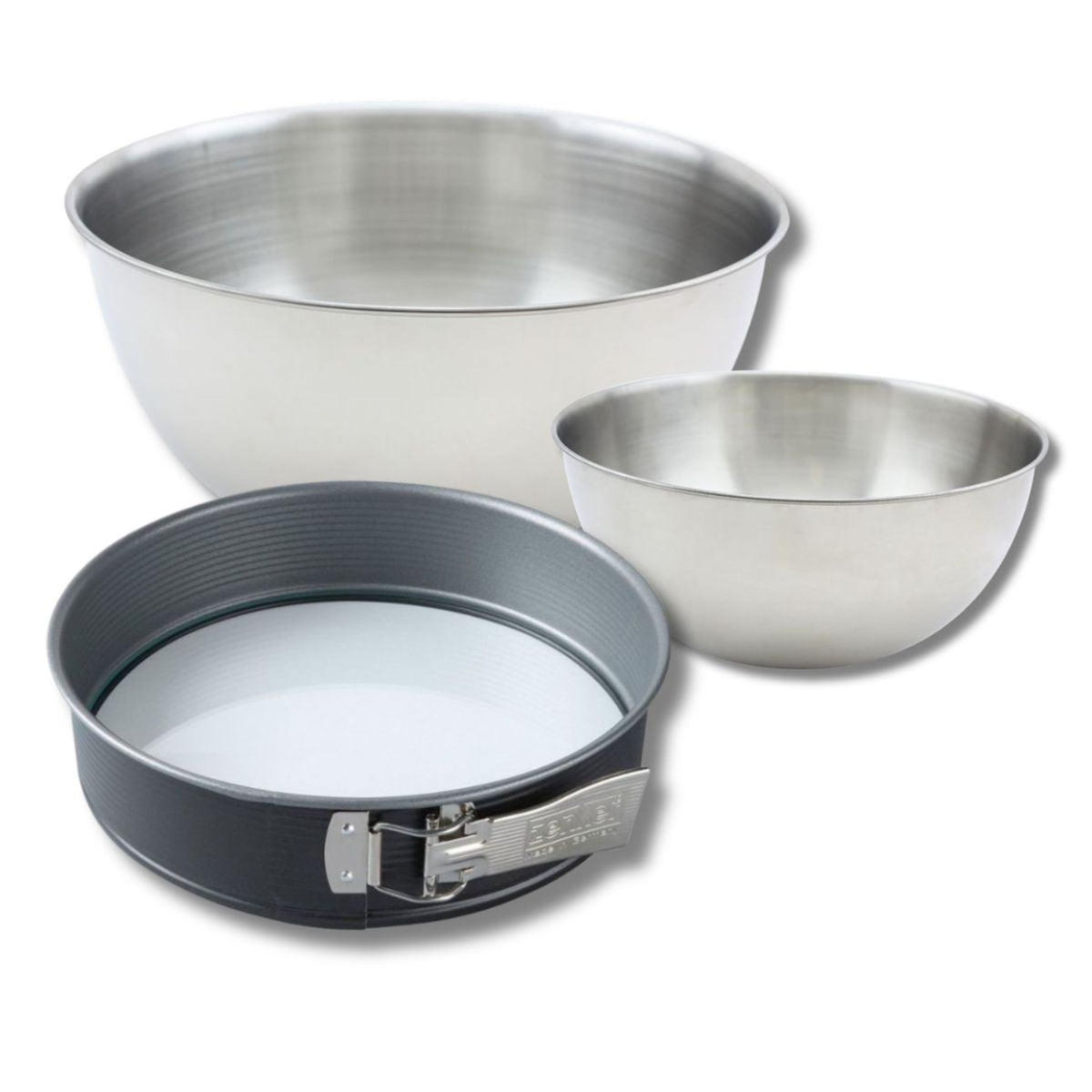 ZENKER Set à pâtisserie avec 1 moule à manqué à charnière 26 cm fond en verre, 1 spatule Zenker et 2 bols à mixer en inox Fackelmann