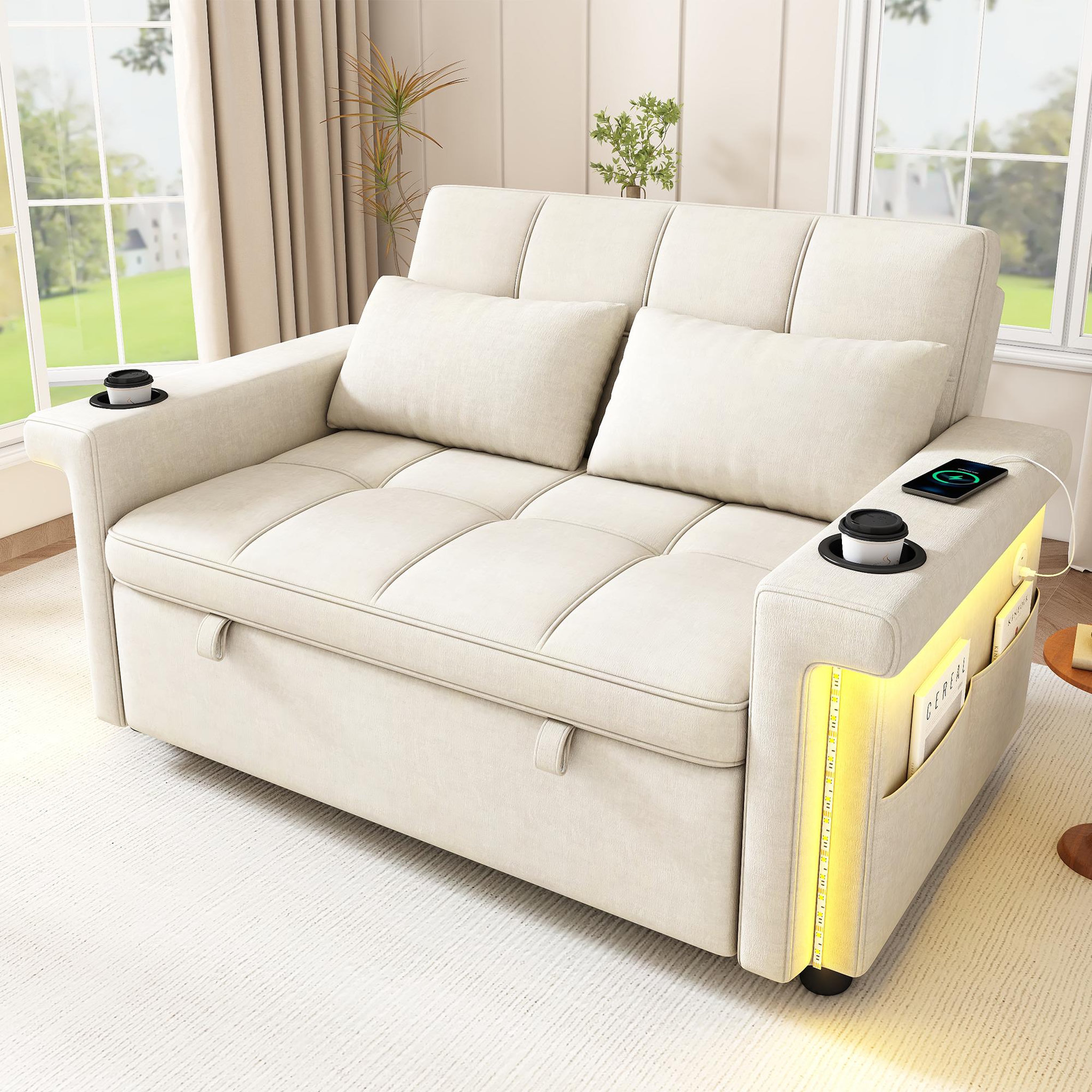 Voir la diapositive 4 : MERAX Canapé convertible 2 places avec dossier réglable et ports usb type-c tissu chenille