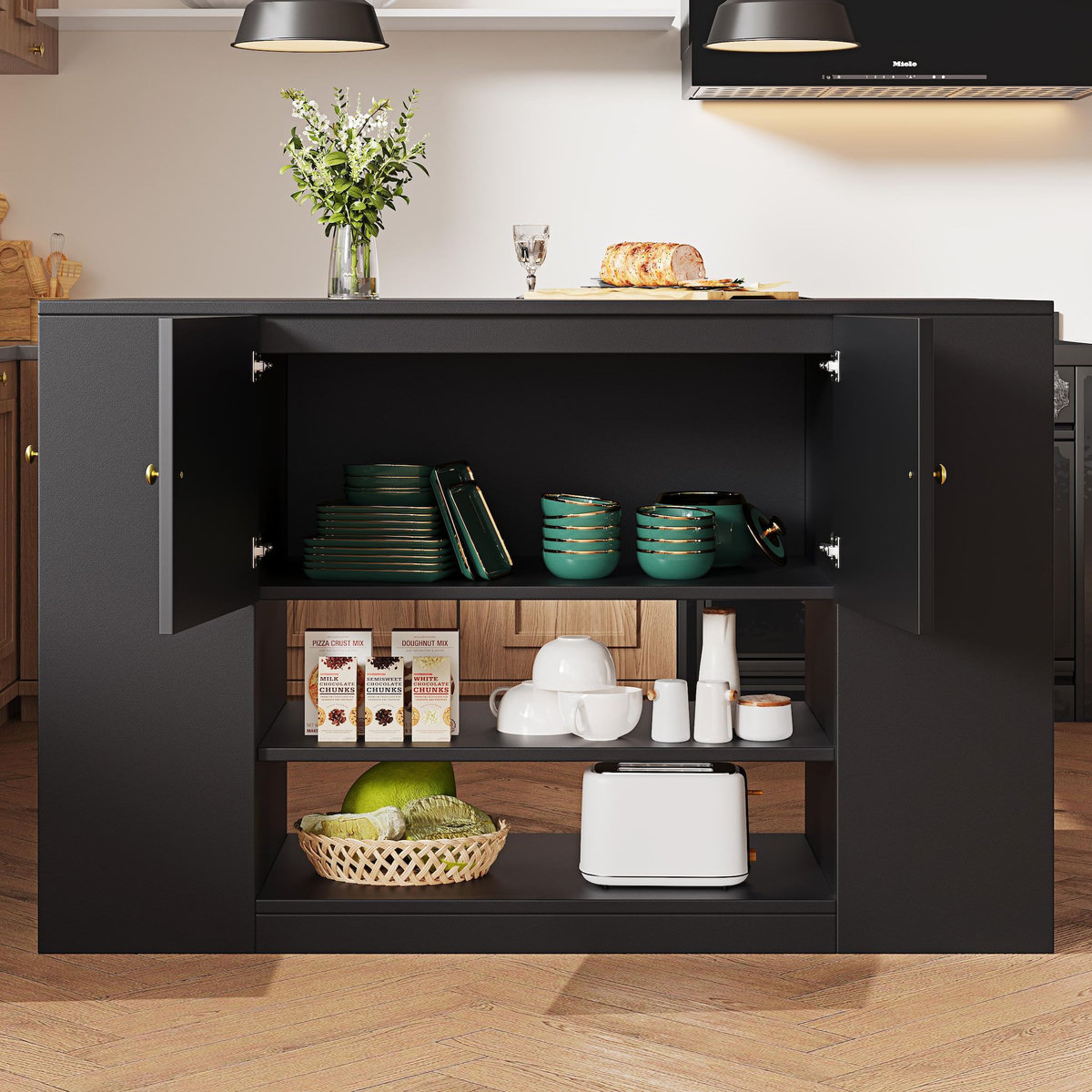 MERAX Ilot de cuisine 3 portes 2 tiroirs coloris noir mdf