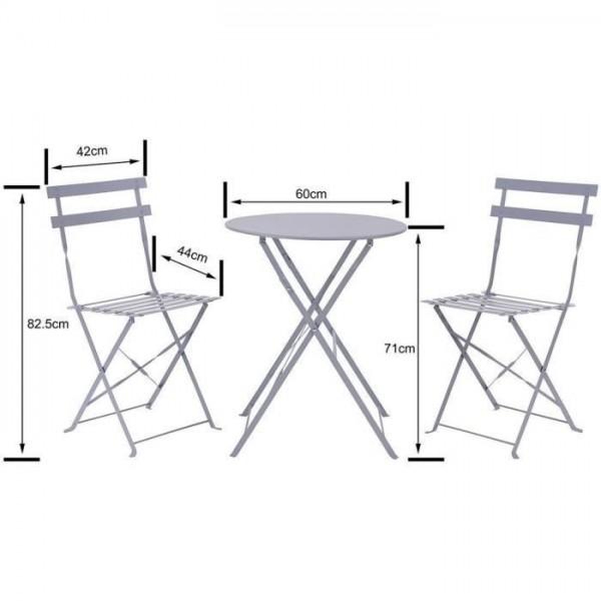 Voir la diapositive 3 : MARKET24 Set bistrot - Ensemble repas de jardin - Table pliante Diam.60 cm + 2 chaises - Acier thermolaqué - Gris
