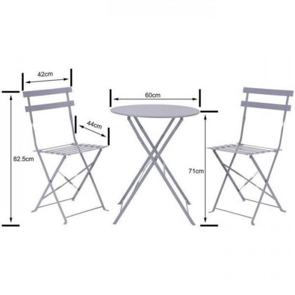 MARKET24 Set bistrot - Ensemble repas de jardin - Table pliante Diam.60 cm + 2 chaises - Acier thermolaqué - Gris