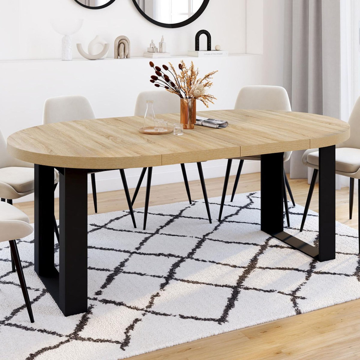 ID MARKET Table à manger extensible ronde PHOENIX 4-10 personnes bois et noir 110-200 cm