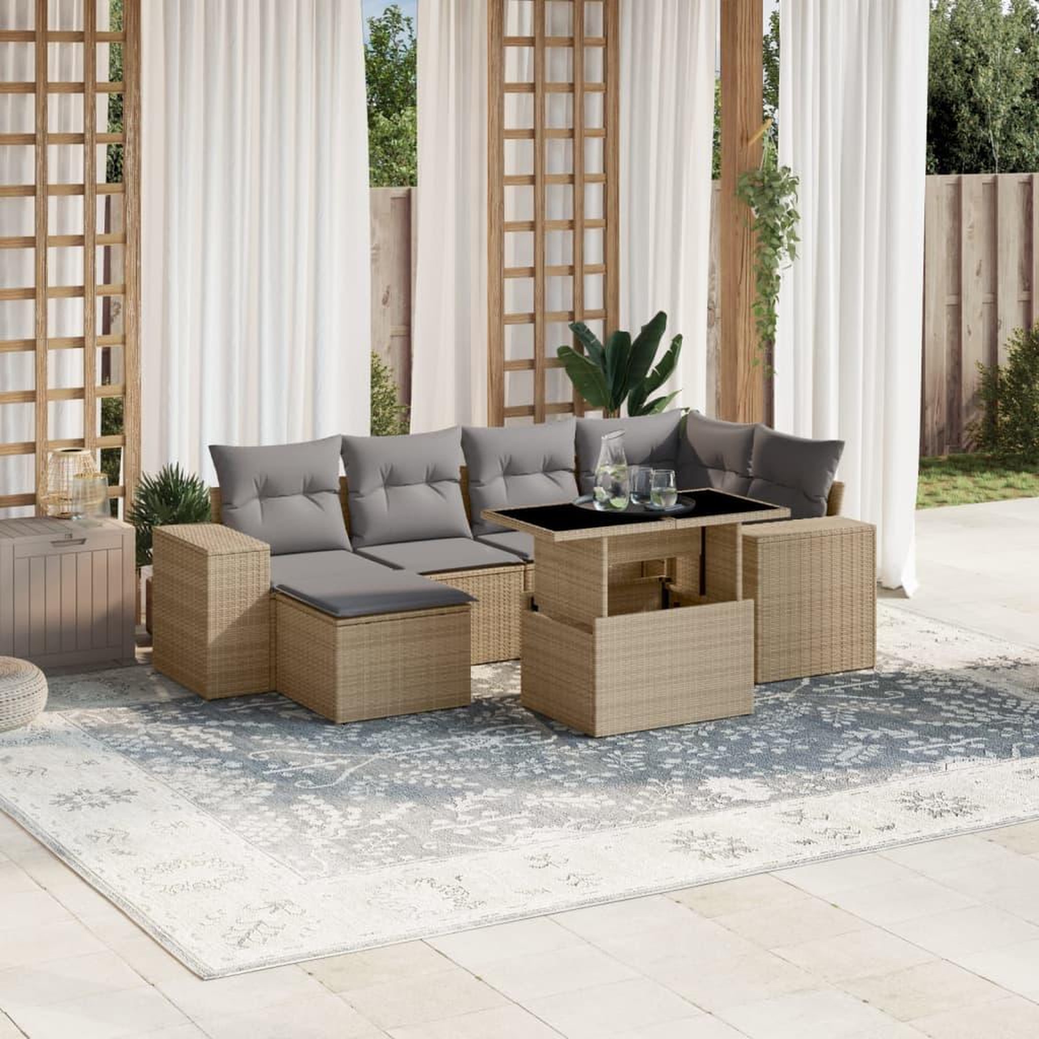 VIDAXL Salon de jardin avec coussins 7 pcs beige resine tressee