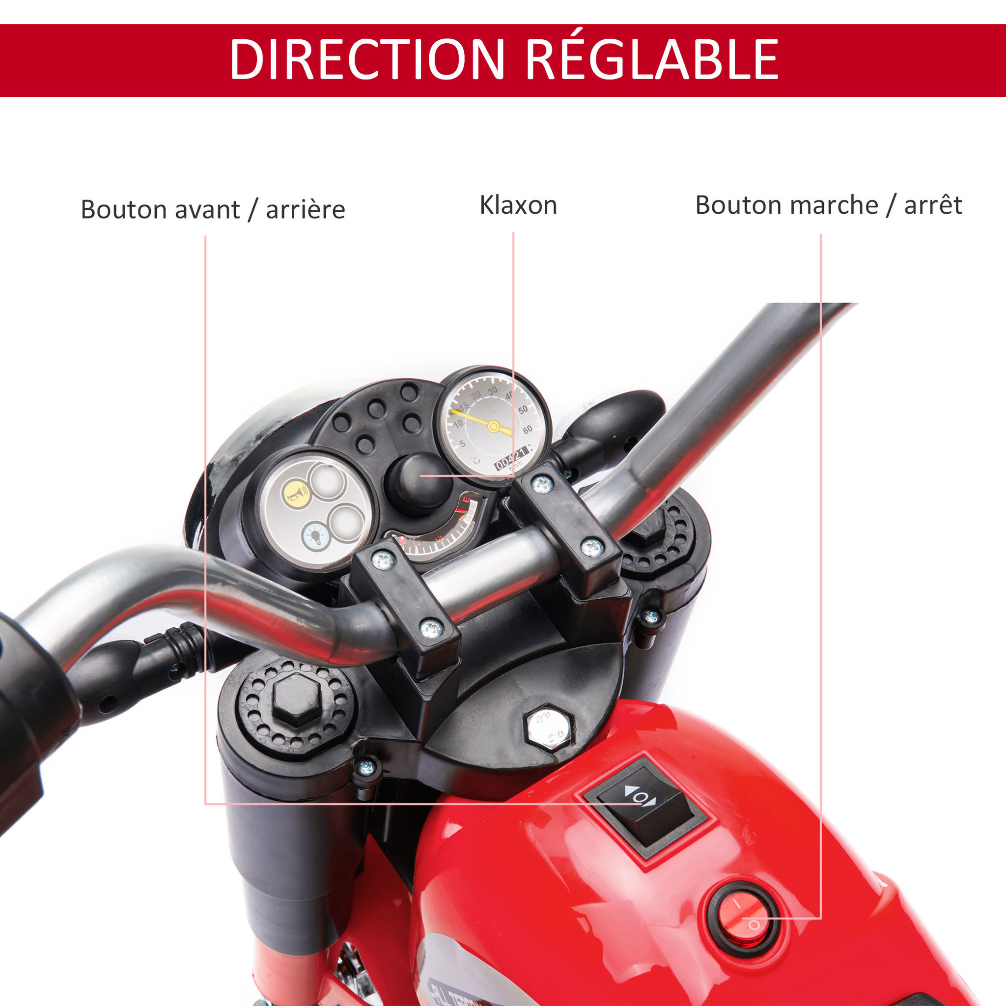 Voir la diapositive 4 : HOMCOM Moto électrique enfant chopper tout-terrain  6 V 20 W marche AV AR 3 roues effets lumineux et sonores rouge noir