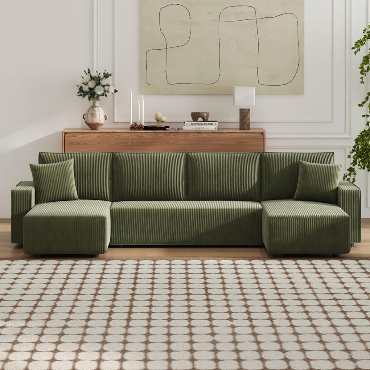 CONCEPT USINE Canapé panoramique convertible 6 places avec coffre en velours côtelé vert SALISBURY