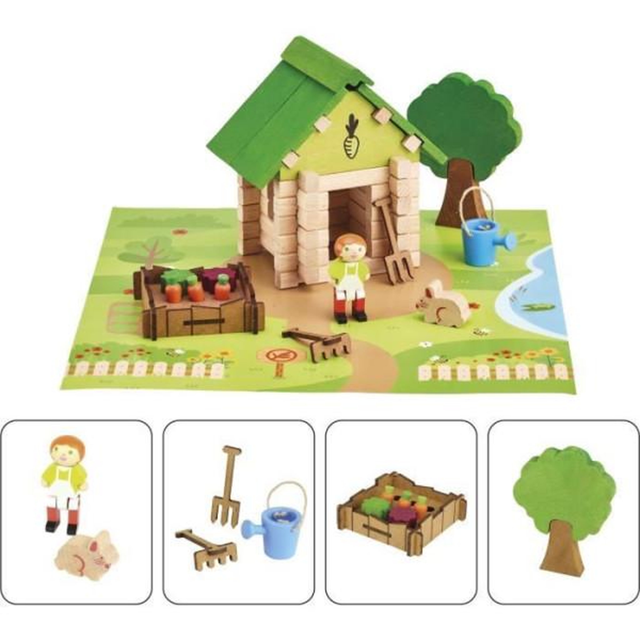 Voir la diapositive 3 : JeuJura La Cabane du Jardinier 60 Pieces - JEUJURA - Jeu de Construction en Bois Naturel, Tapis et Accessoires Inclus, 22x18,5x8,5 cm