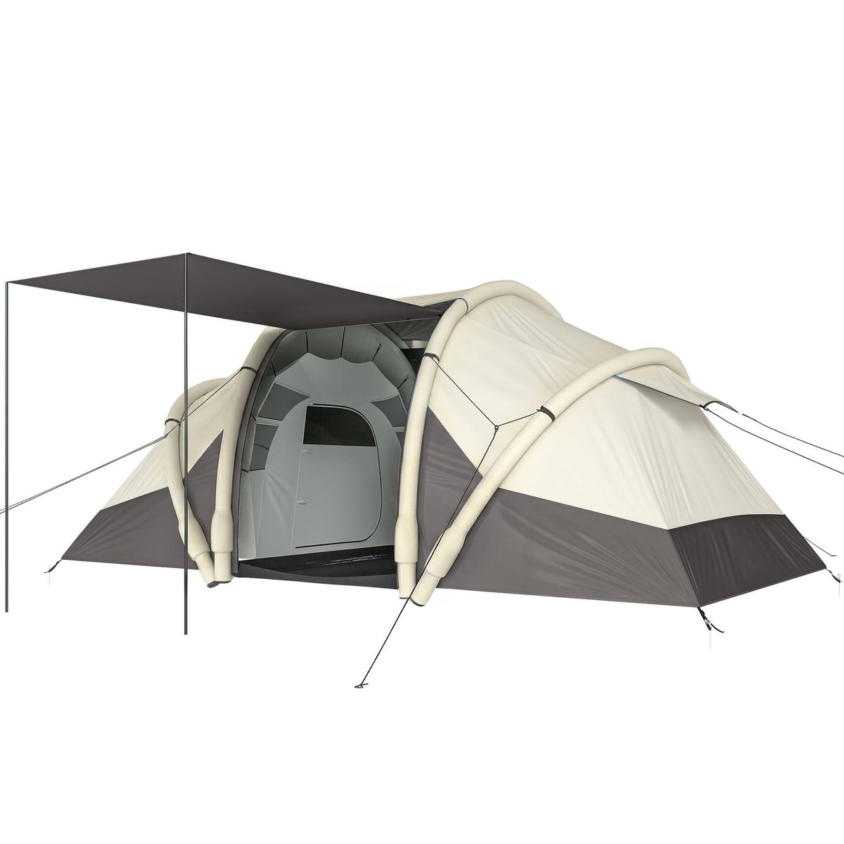 OUTSUNNY Tente gonflable camping 2-4 personnes 3 pièces auvent imperméabilité 3000mm crème taupe-gris