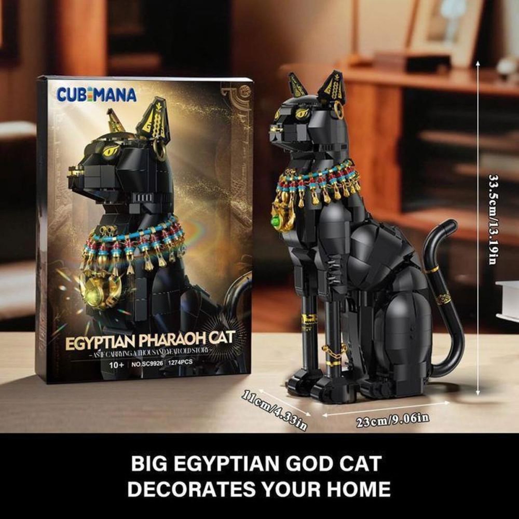 Voir la diapositive 4 : Kit de construction CUBIMANA chat pharaon égyptien, 1274 pièces ABS noir, tête et queue articulées, modèle à assembler, décoration intérieure 33,7 cm