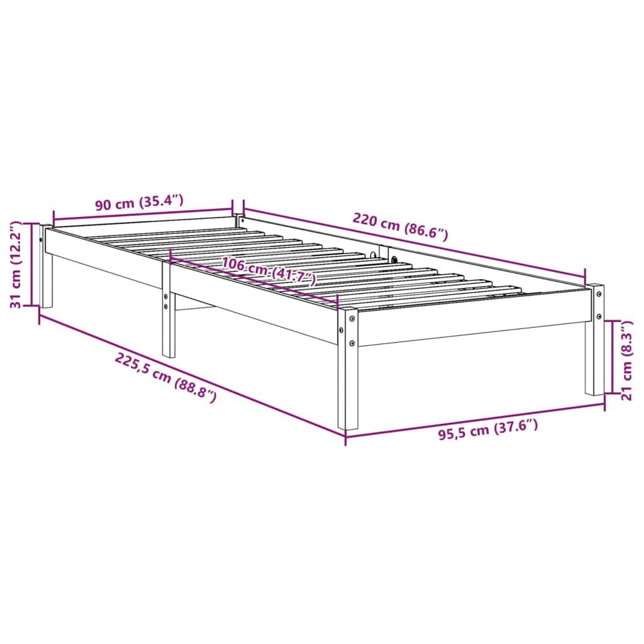 Voir la diapositive 6 : VIDAXL Cadre de lit extra long sans matelas 90x220 cm bois massif pin
