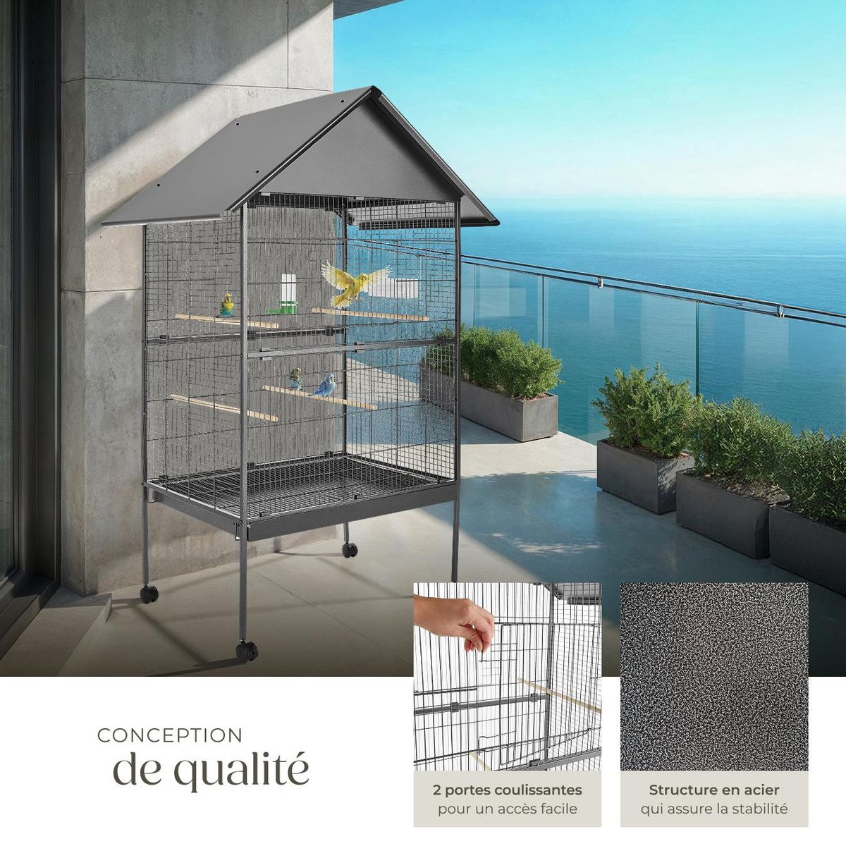 tectake Cage à oiseaux en finition martelée gris anthracite