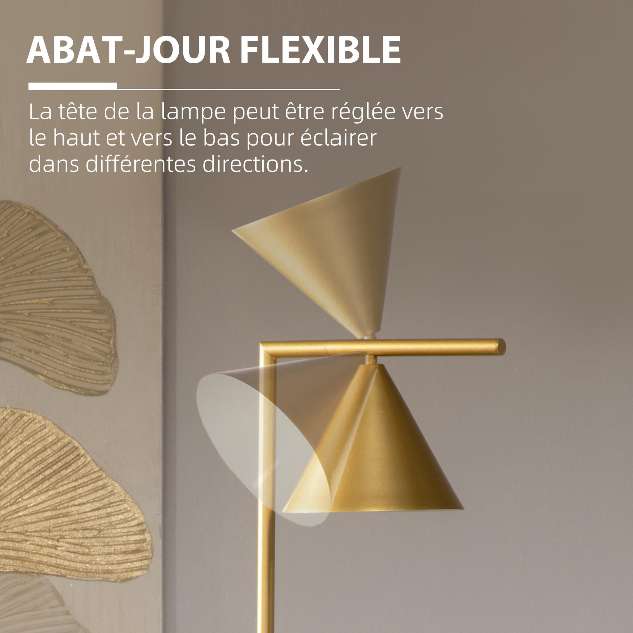 Voir la diapositive 5 : HOMCOM Lampadaire sur pied salon 40w acier doré abat-jour conique orientable base marbre