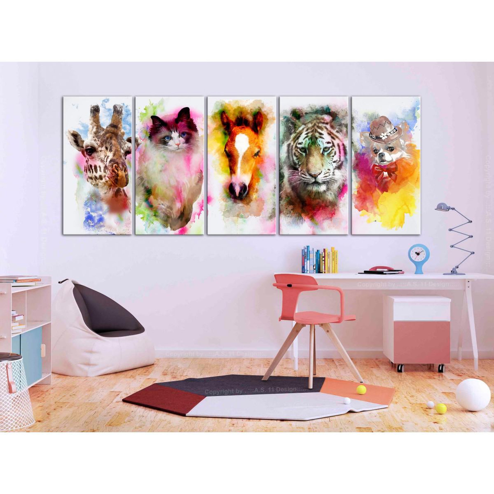 Voir la diapositive 2 : Paris Prix Tableau 5 panneaux  watercolour animals narrow