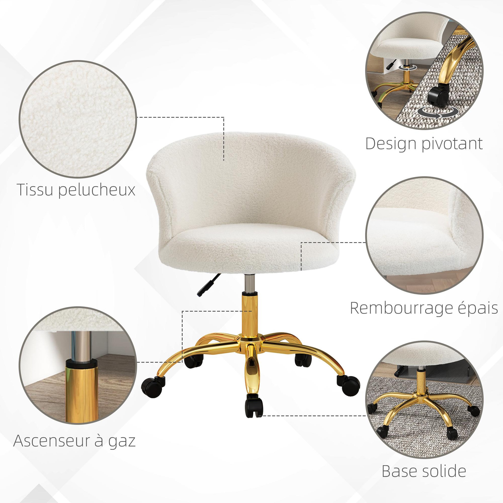 Voir la diapositive 4 : VINSETTO Chaise de bureau design effet courte laine bouclée piètement métal doré blanc