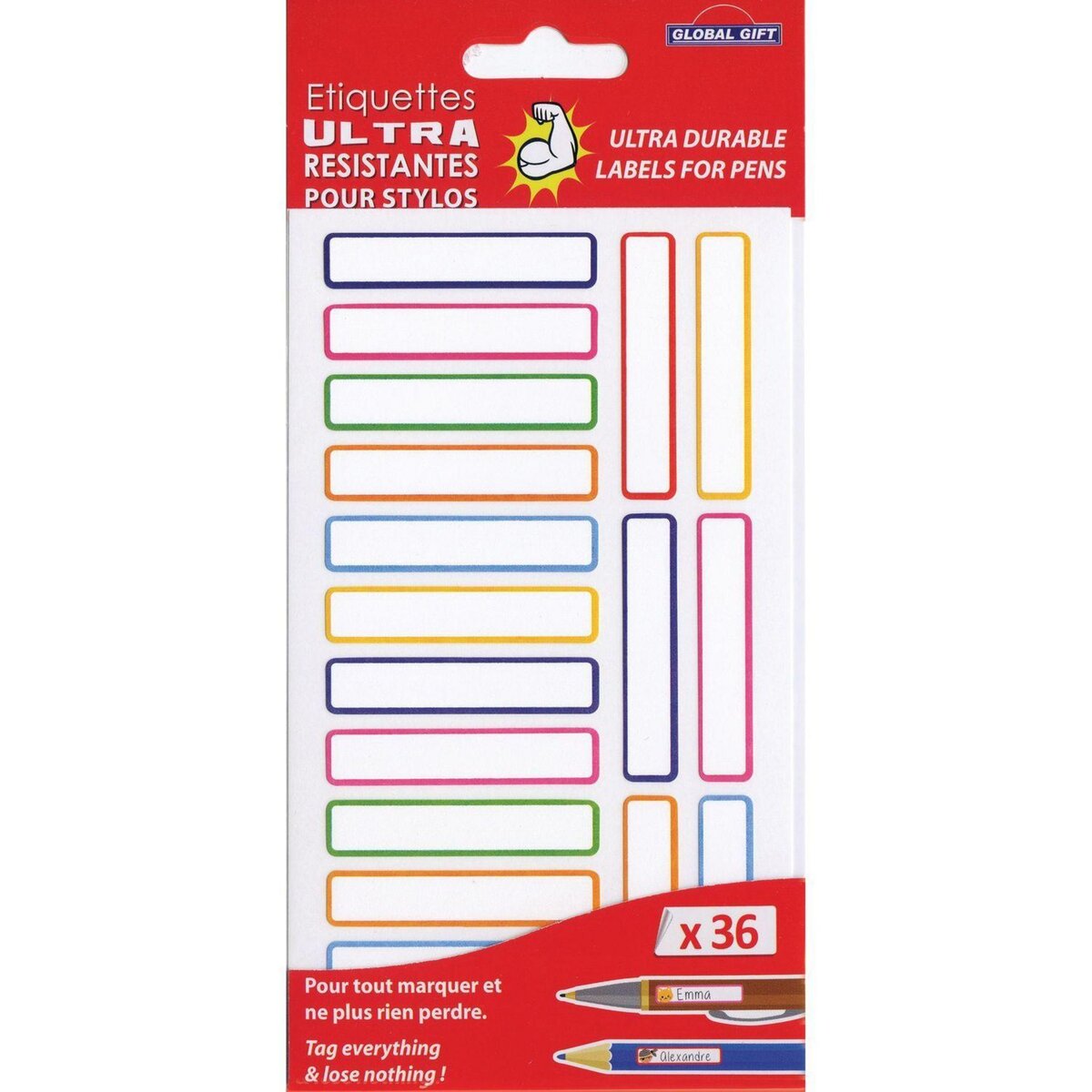 GLOBAL GIFT 36 étiquettes plastifiées - Couleurs primaires - Ultra-résistantes