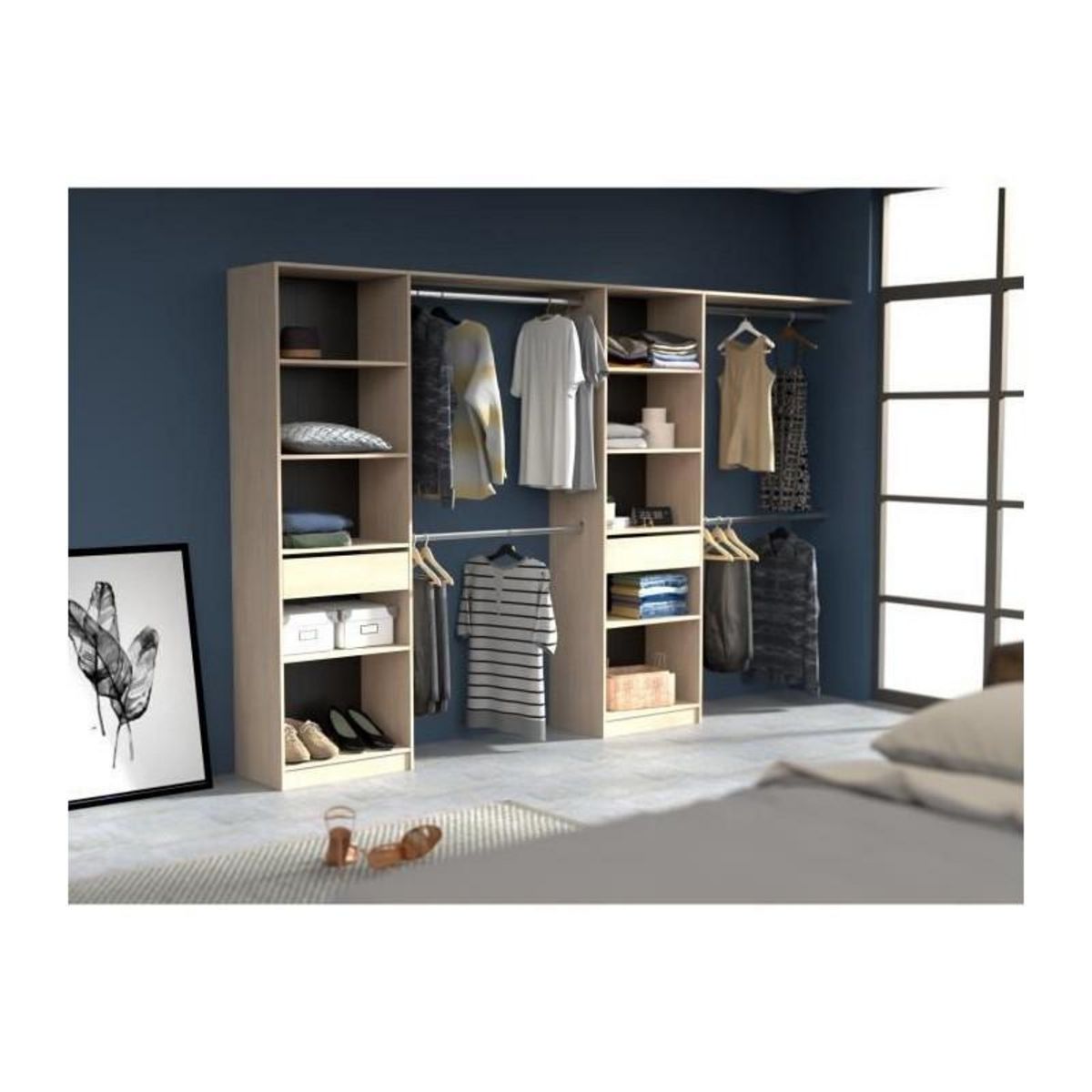 EKIPA EKIPA Dressing extensible - 2 colonnes avec 2 tiroirs et 10 étageres + 4 penderies - Décor chene - L 320 x P 40 x H 200 cm - D