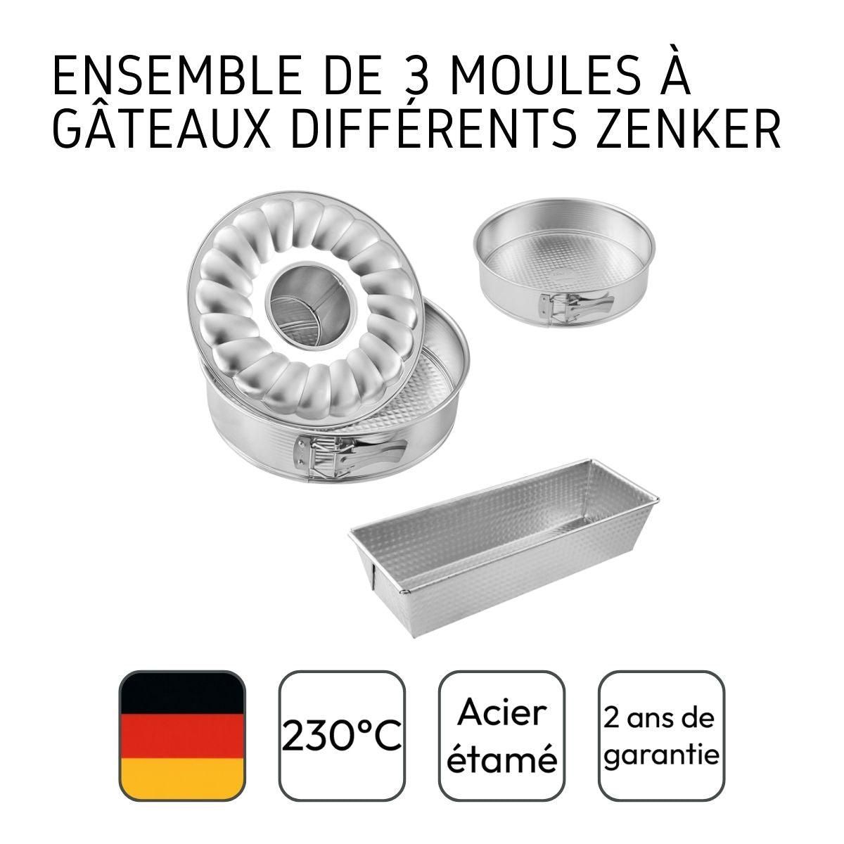 ZENKER Ensemble de 3 moules à gâteaux avec moule à cake 30 cm + moule manqué 18 cm + moule à manqué et savarin 26 cm Zenker Silver