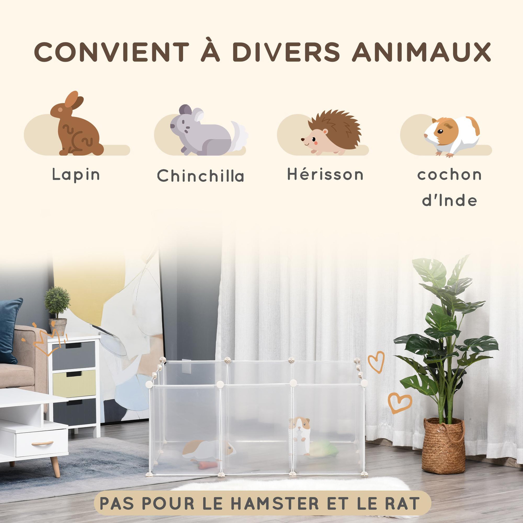 Voir la diapositive 5 : PAWHUT Cage parc enclos modulable petits animaux - dim. 105l x 105l x 45h cm - 12 panneaux résine pp opaque