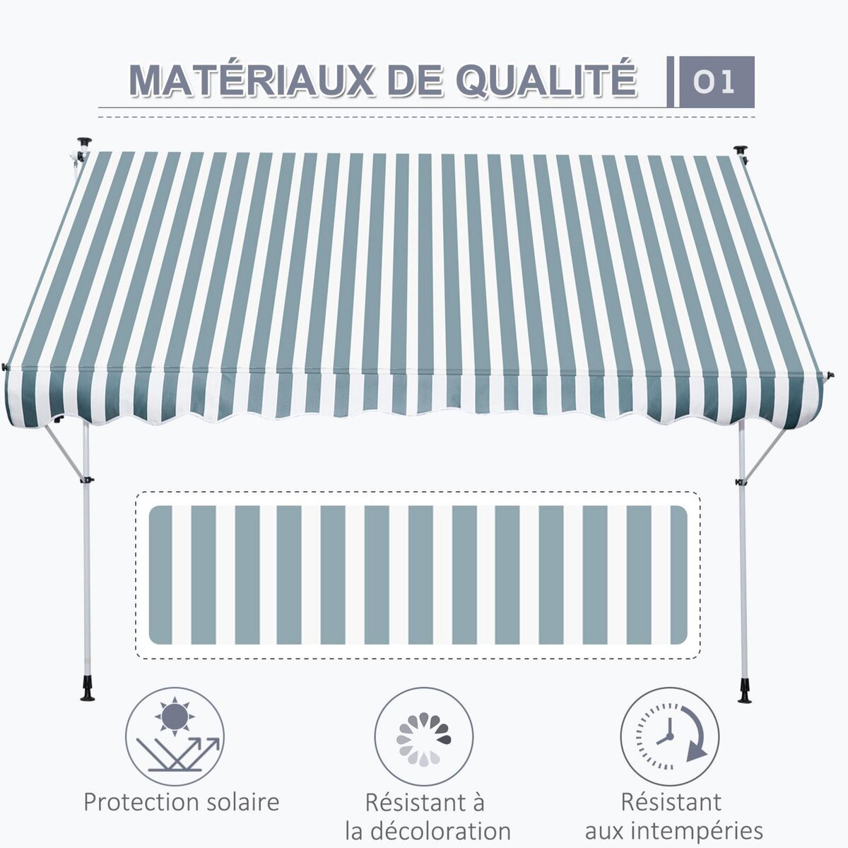 OUTSUNNY Store banne manuel rétractable 3L x 1,5l m inclinaison et hauteur réglable installation rapide métal alu polyester anti-UV vert blanc rayé