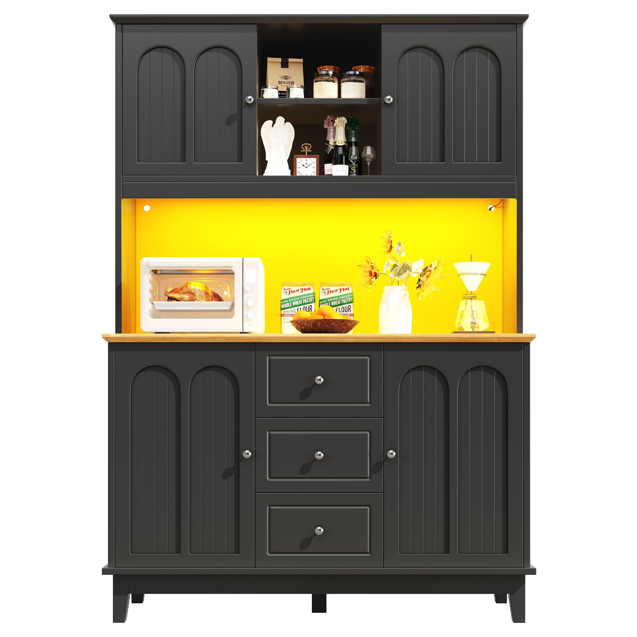 MERAX Buffet de cuisine 4 portes 3 tiroirs - 120 cm noir led mdf