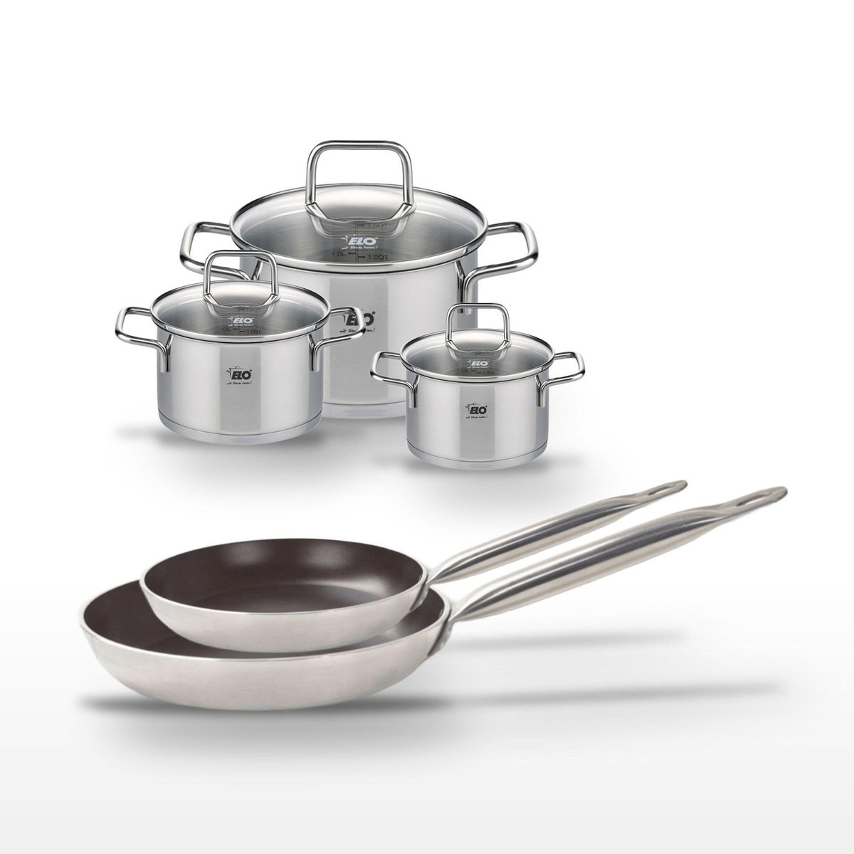 ELO Lot 2 Poêles 24/28 cm avec revêtement céramique sans PFAS et 3 Faitouts 12/14/20 cm Elo Bistro Line Citrin