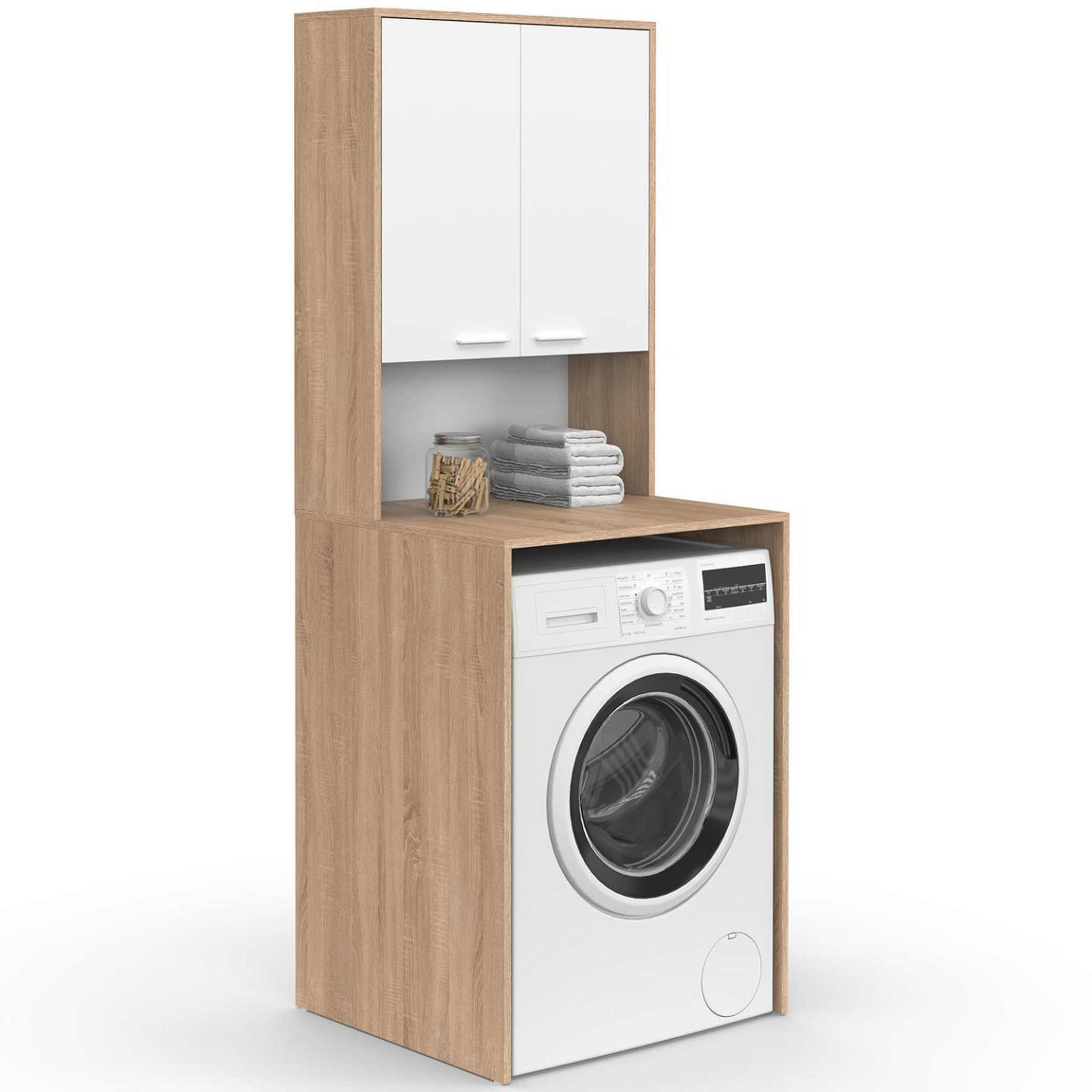 ID MARKET Meuble dessus de machine à laver wallis avec placard bois façon hêtre et blanc
