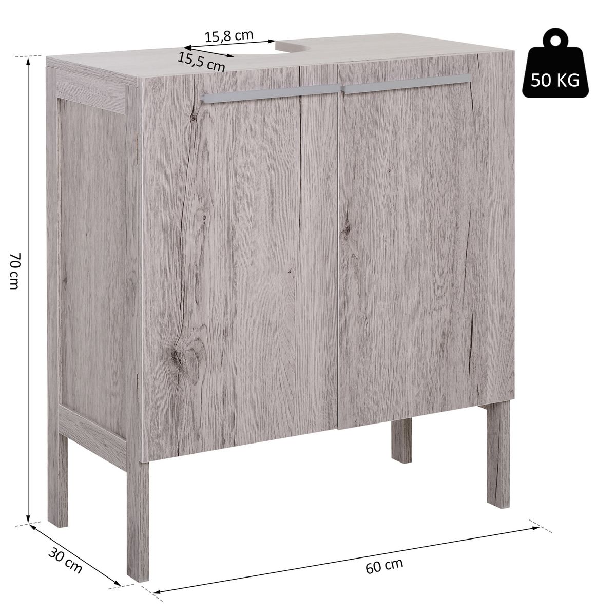 HOMCOM Meuble salle de bain - meuble sous-vasque - placard 2 portes avec étagère - dim. 60L x 30l x 70H cm - MDF imitation bois gris