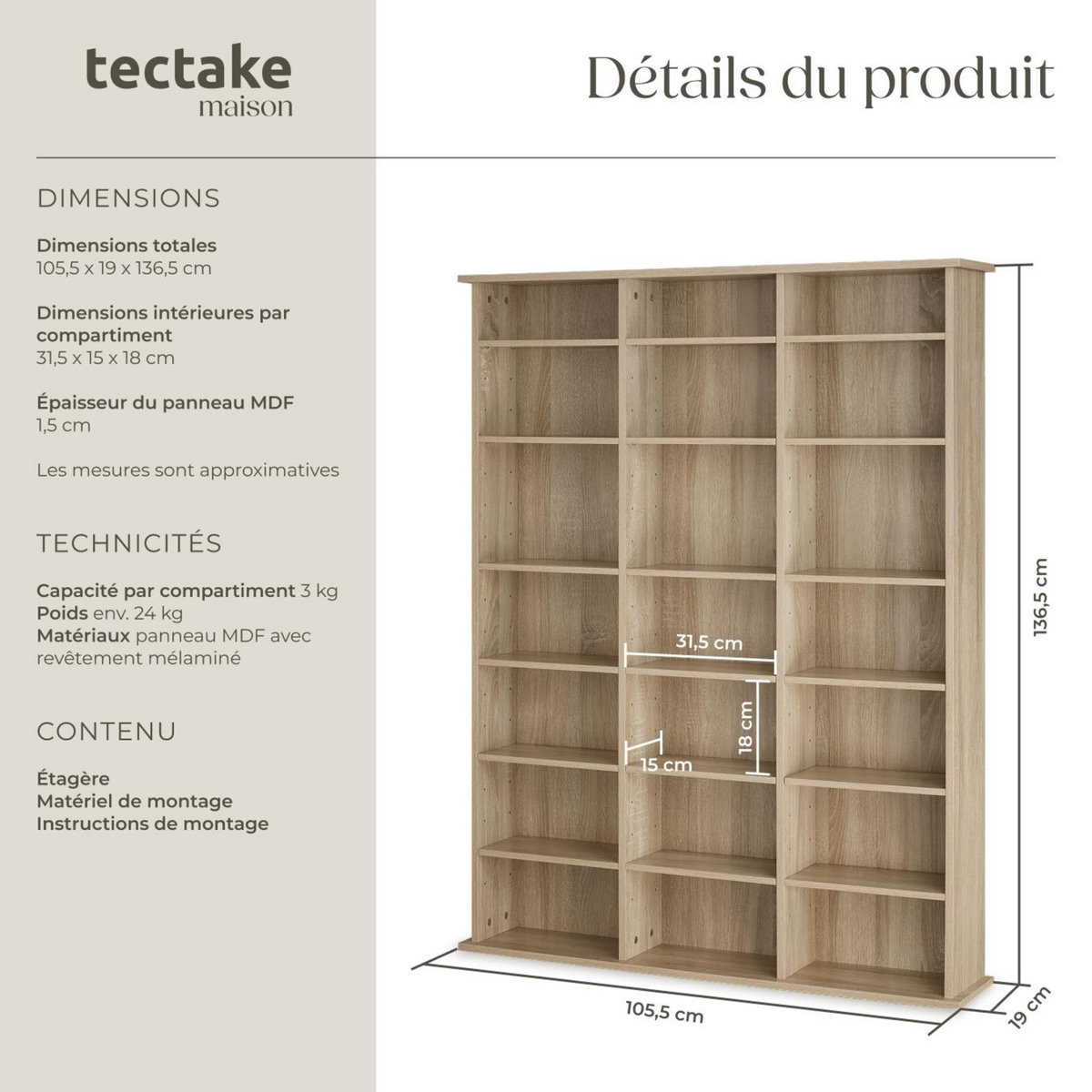 tectake Étagère DVD CD aspect bois Bois clair, Chêne Sonoma