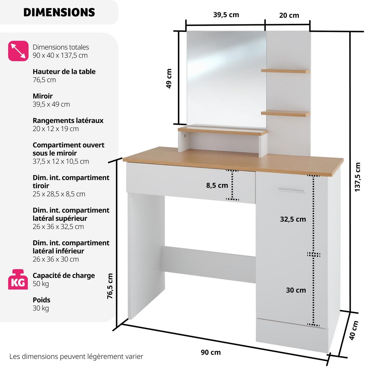 tectake Coiffeuse table de maquillage au look moderne blanc/hêtre