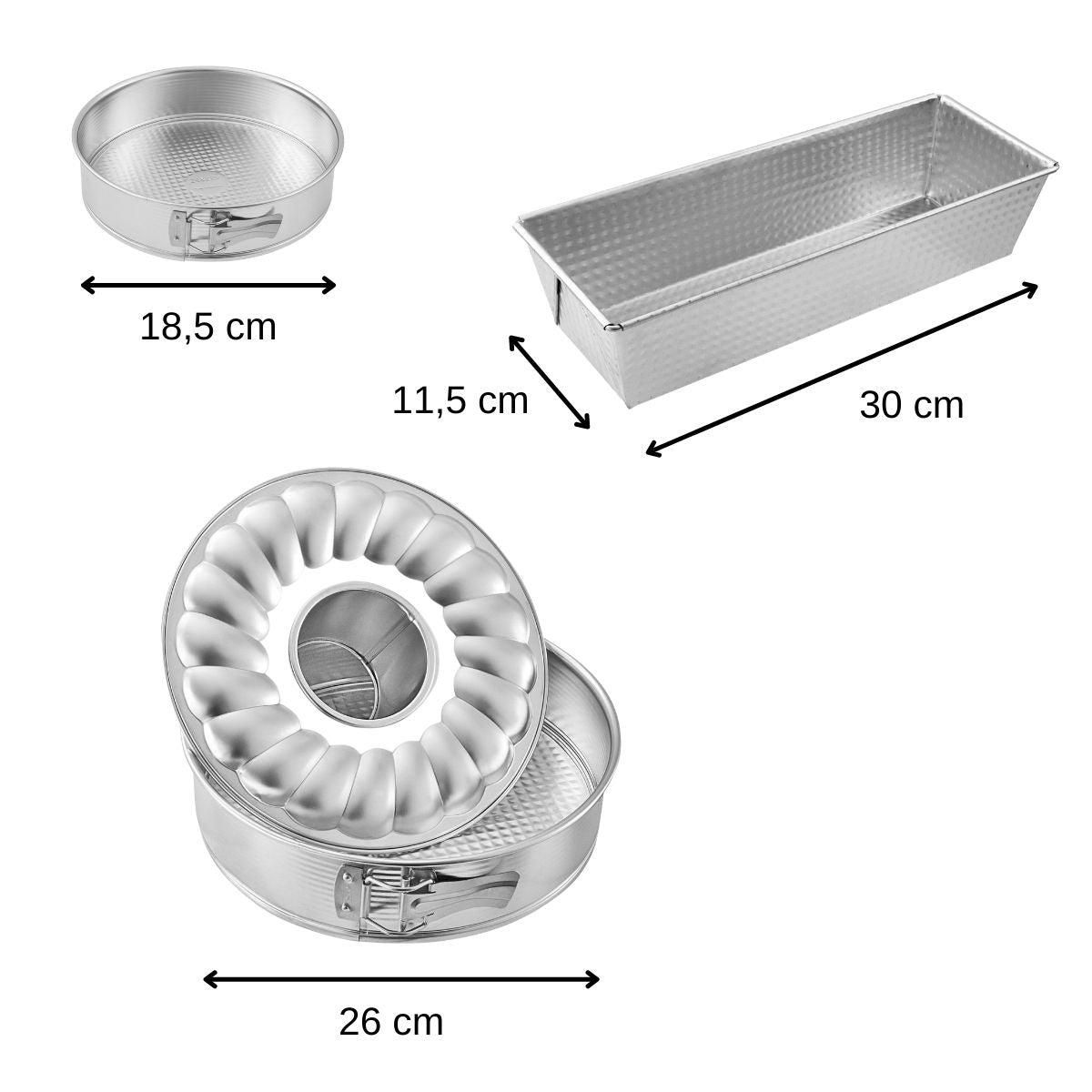 ZENKER Ensemble de 3 moules à gâteaux avec moule à cake 30 cm + moule manqué 18 cm + moule à manqué et savarin 26 cm Zenker Silver