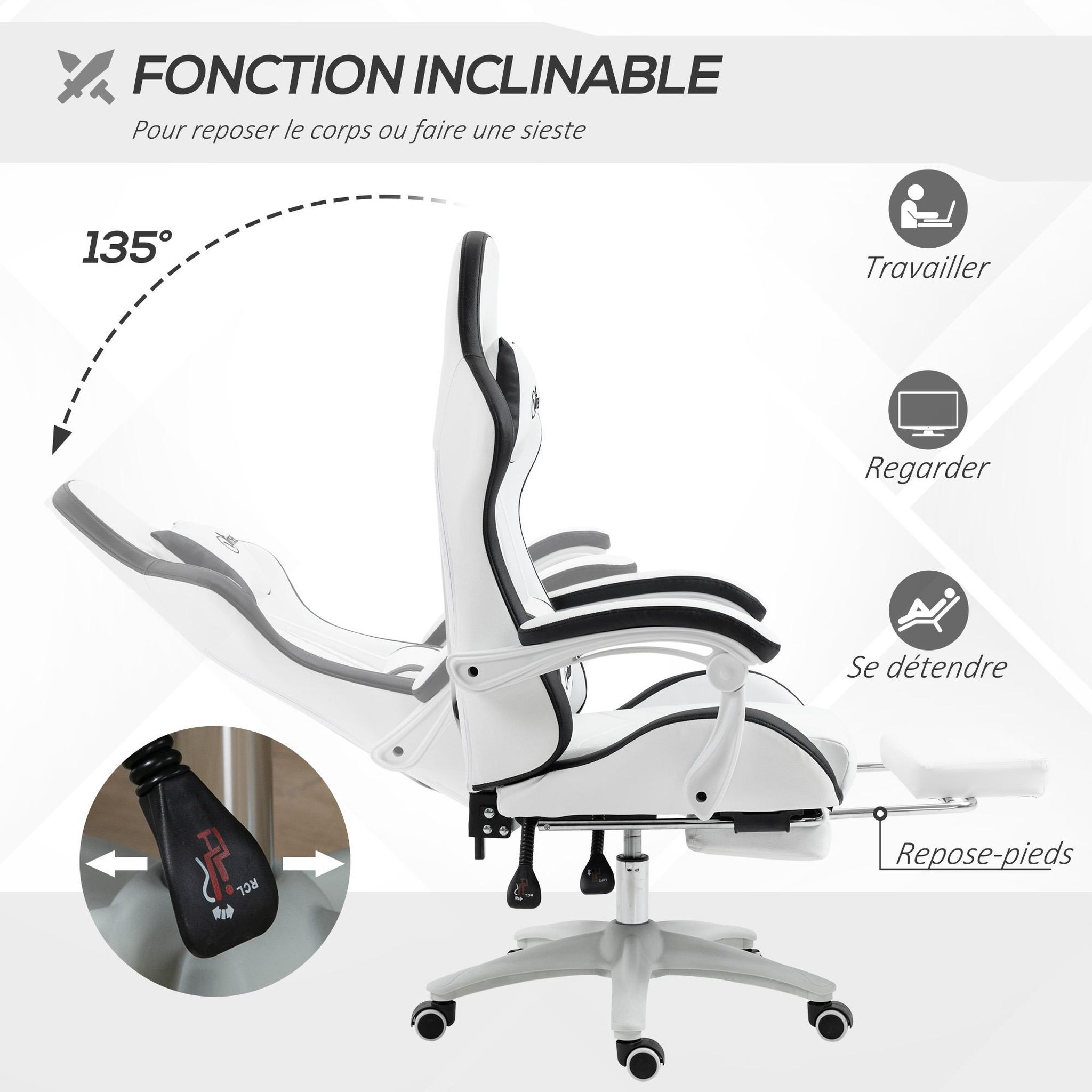 Voir la diapositive 5 : VINSETTO Chaise de bureau gaming - inclinable, pivotant, réglable - coussins lombaires têtière inclus - noir blanc