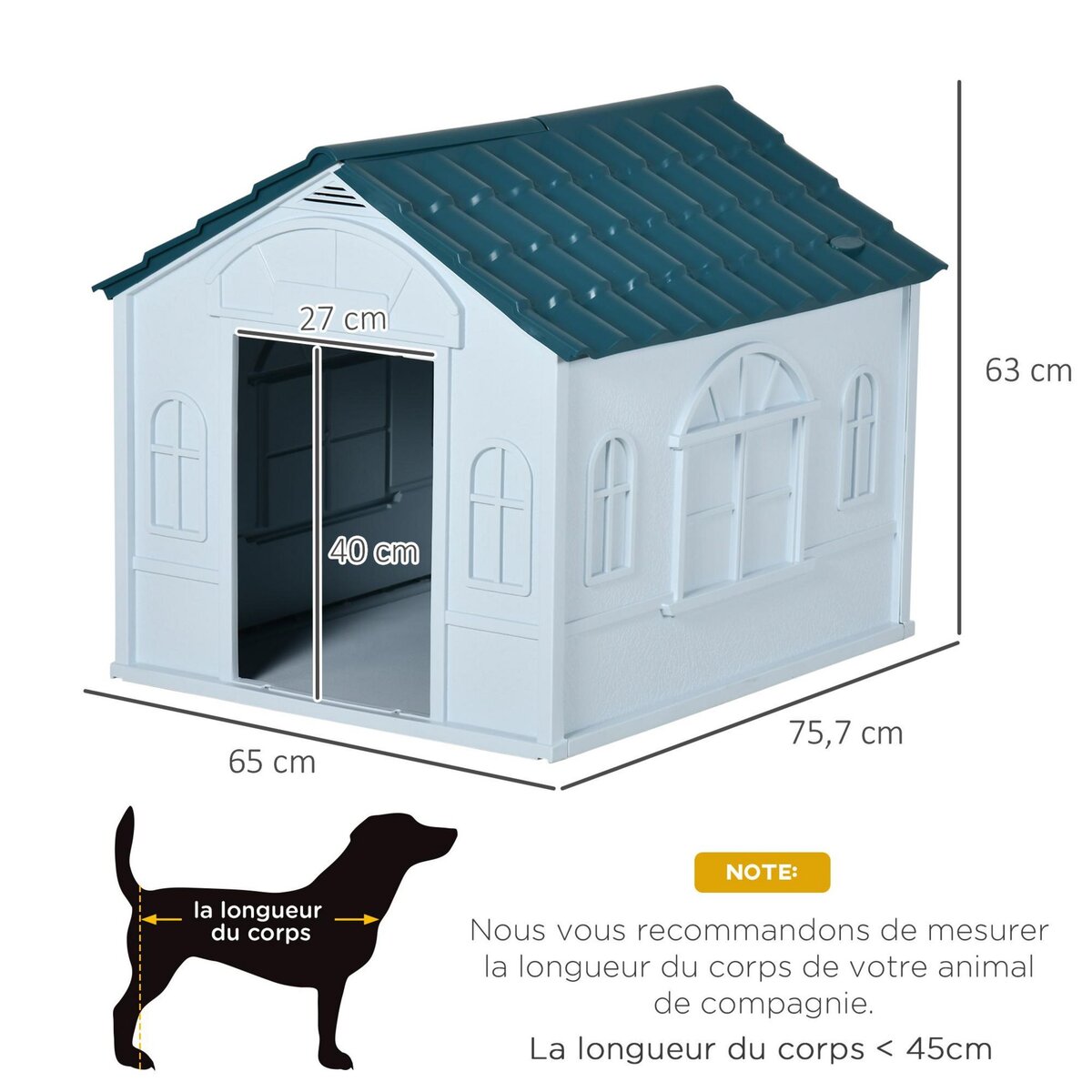 PAWHUT Niche pour chien design maisonnette - dim. 65L x 75l x 63H cm - PP bleu blanc