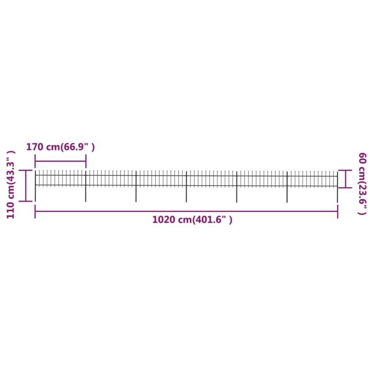 VIDAXL Cloture de jardin avec dessus en lance Acier 10,2 x 0,6 m Noir