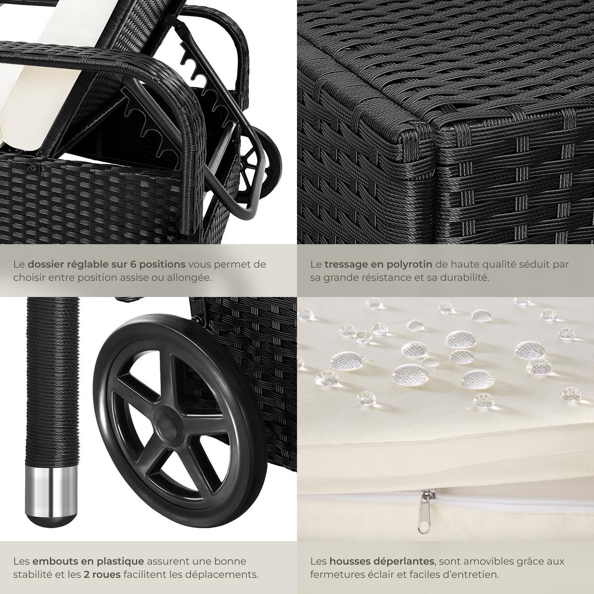 tectake Bain de soleil en rotin robuste et résistant aux UV noir/beige