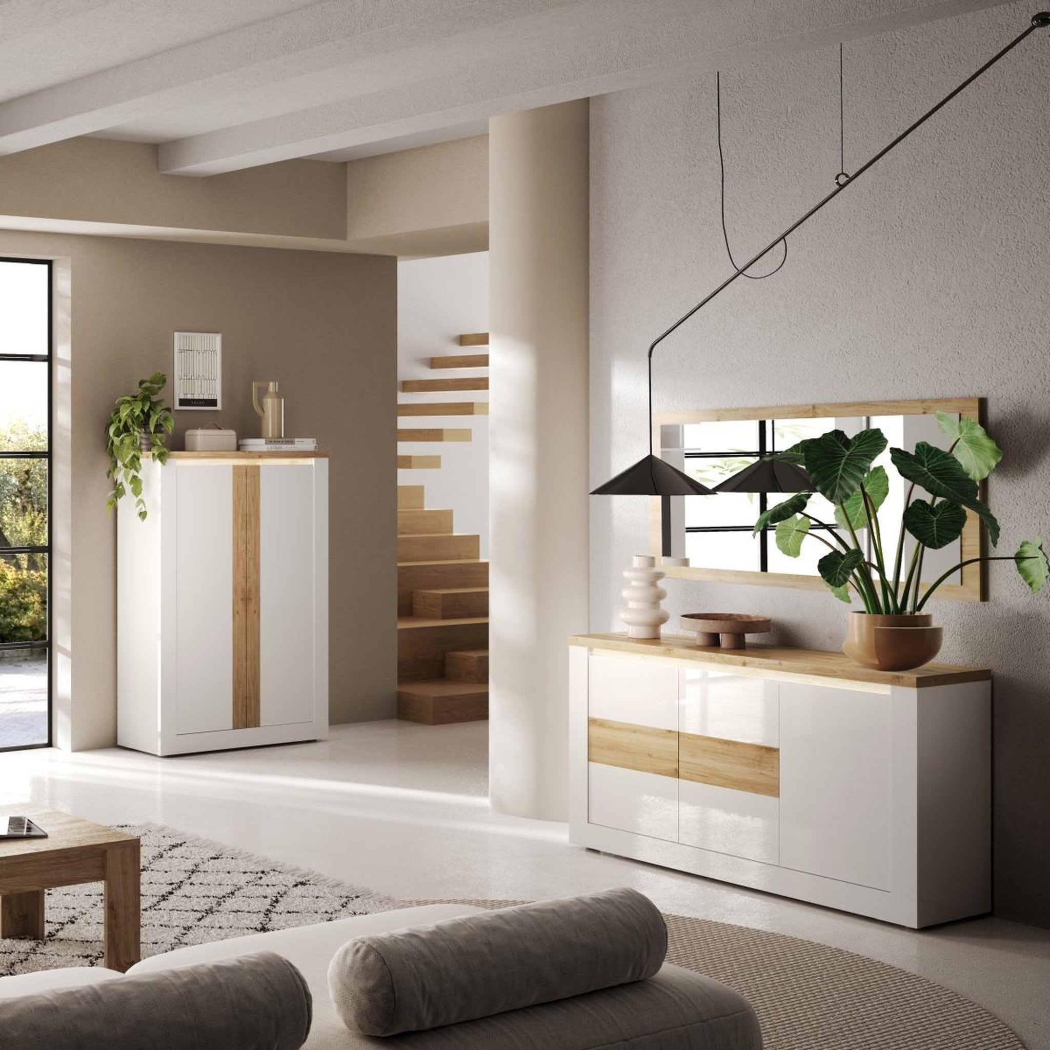 Voir la diapositive 5 : JLC KREATION Buffet moderne 3 portes laqué blanc et bois 160cm aria
